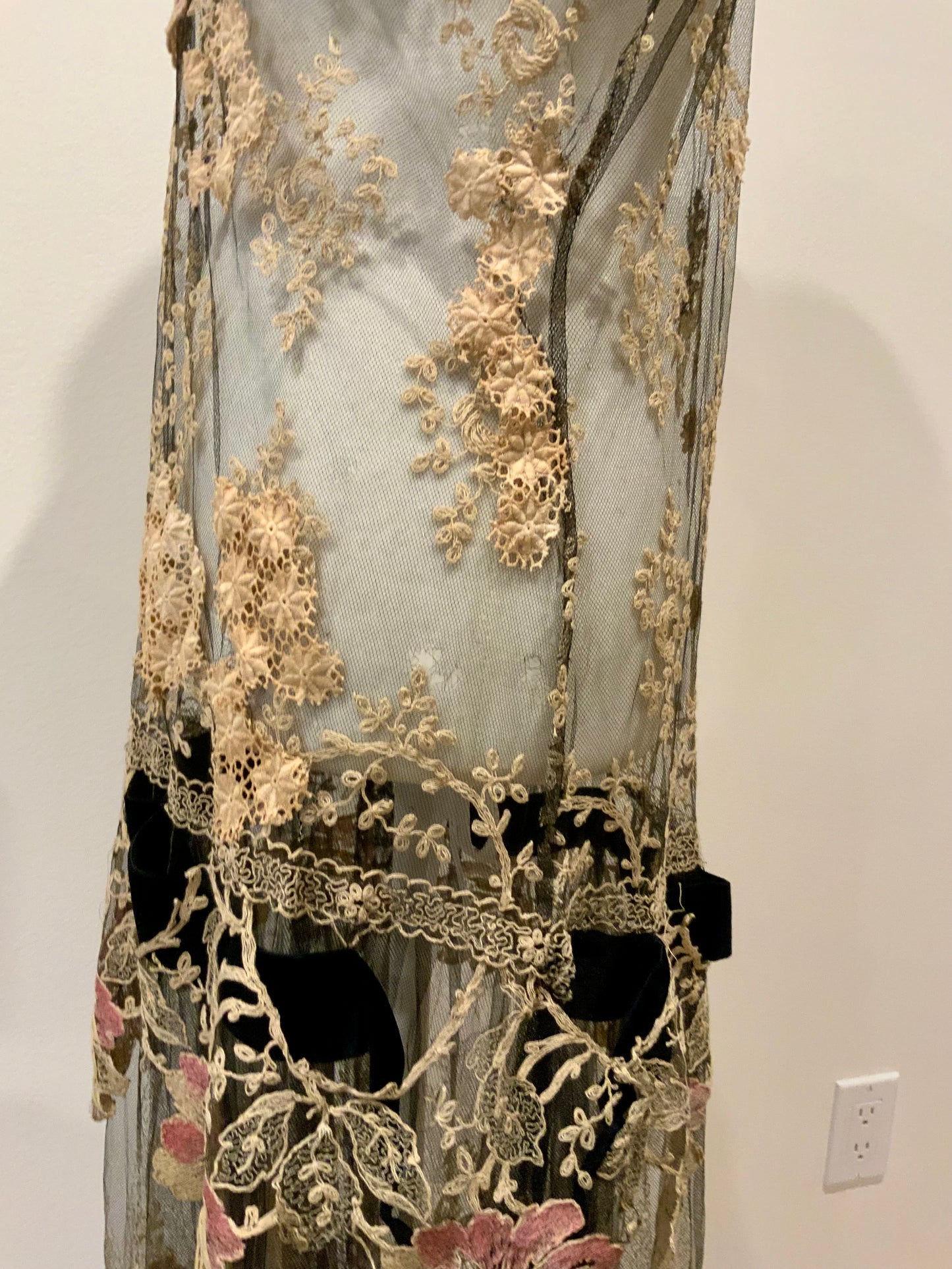 Rare 1920s French Lace Dress. Black Net & Pink Floral Embroidery. Restored Antique Flapper Dress.20AT.