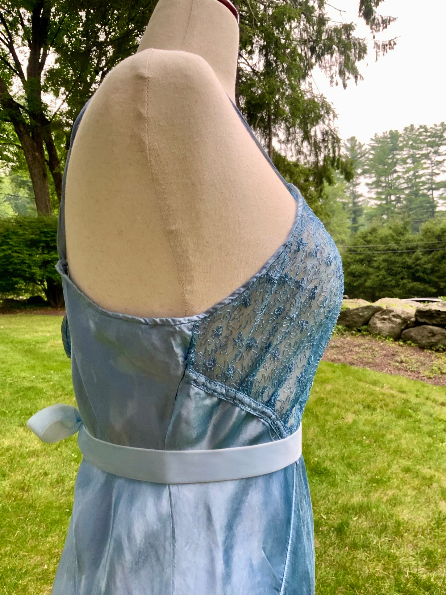1930s early 40s Hand Dyed Blue Satin Slip Dress | Embroidered Sheer Bodice | Bias Cut Vintage Inspired Lingerie Dress | One of a Kind-40BH