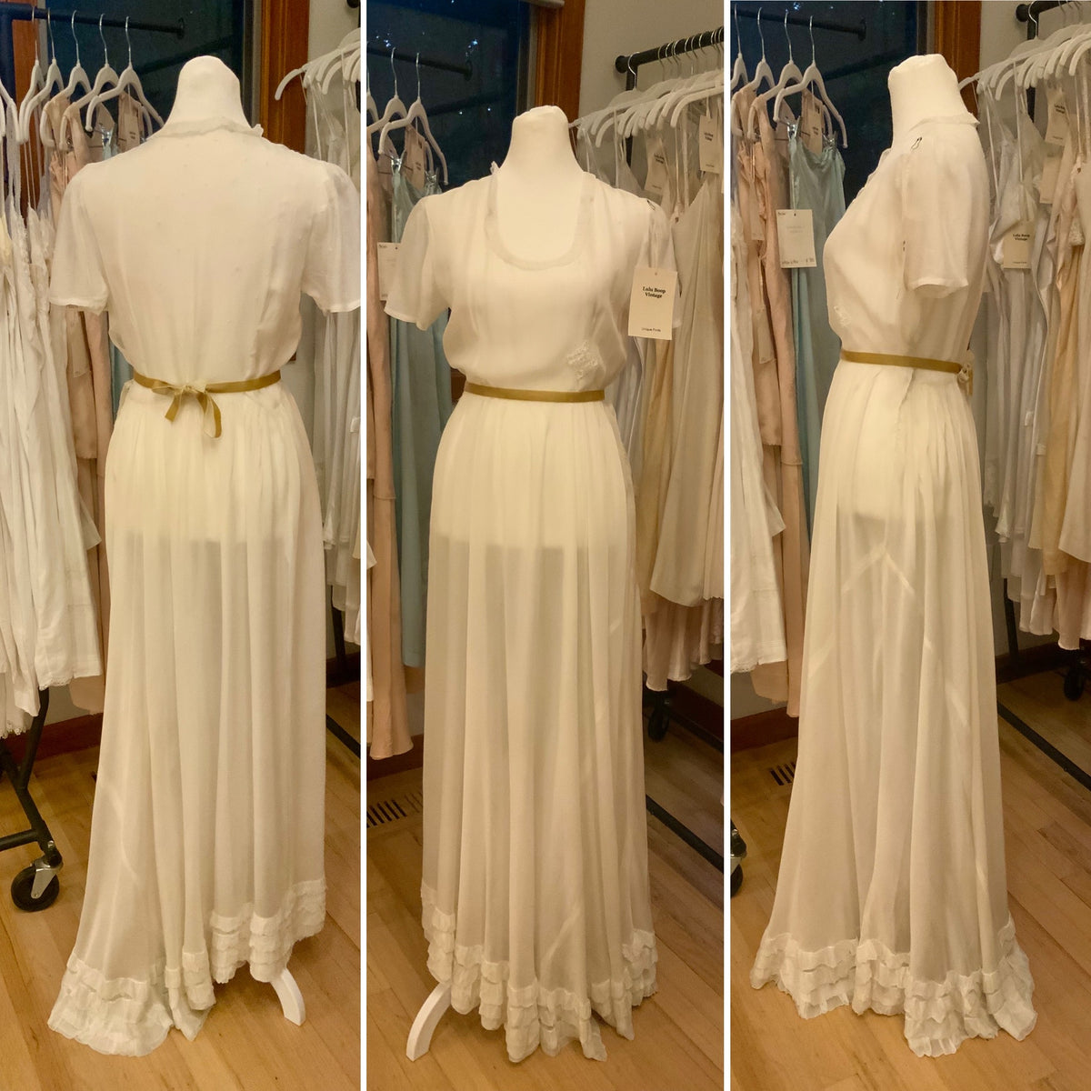 Antique Ivory Chiffon Gown with Ruffled Hem and Lace Appliqué.20ARR
