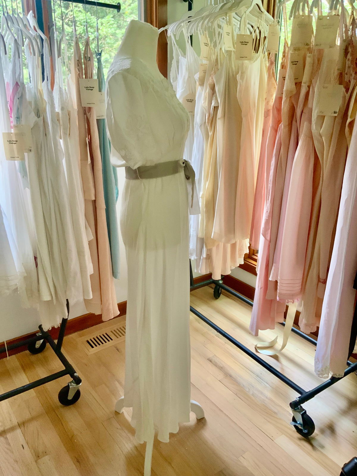 Circa 1930s–1940s White Satin Nightgown with Floral Lace and Ribbon Sash.