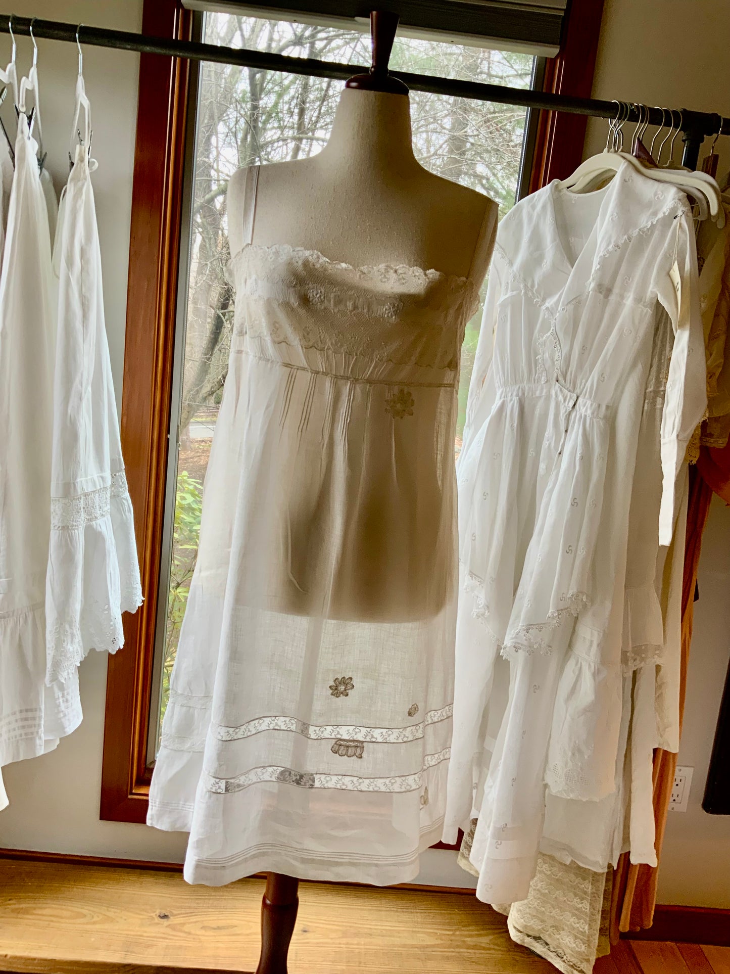 Antique 1910s Cotton Batiste Lingerie Dress with Lace Insertion & Hand Embroidery-ED74