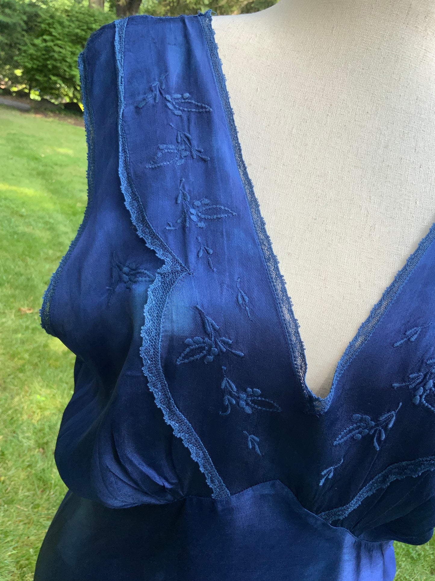 1930s Hand-Dyed Indigo Silk Slip Dress with Batik Resist Dye | OOAK
-40BN
