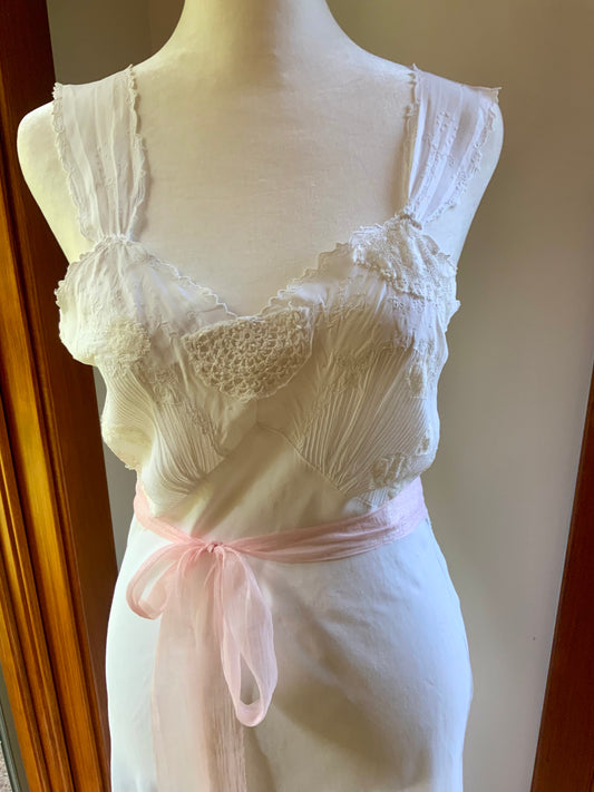 1930s Reimagined Silk Satin Bridal Slip Dress | Restored Antique Boudoir Gown with Hand-Applied Vintage Lace-30LM