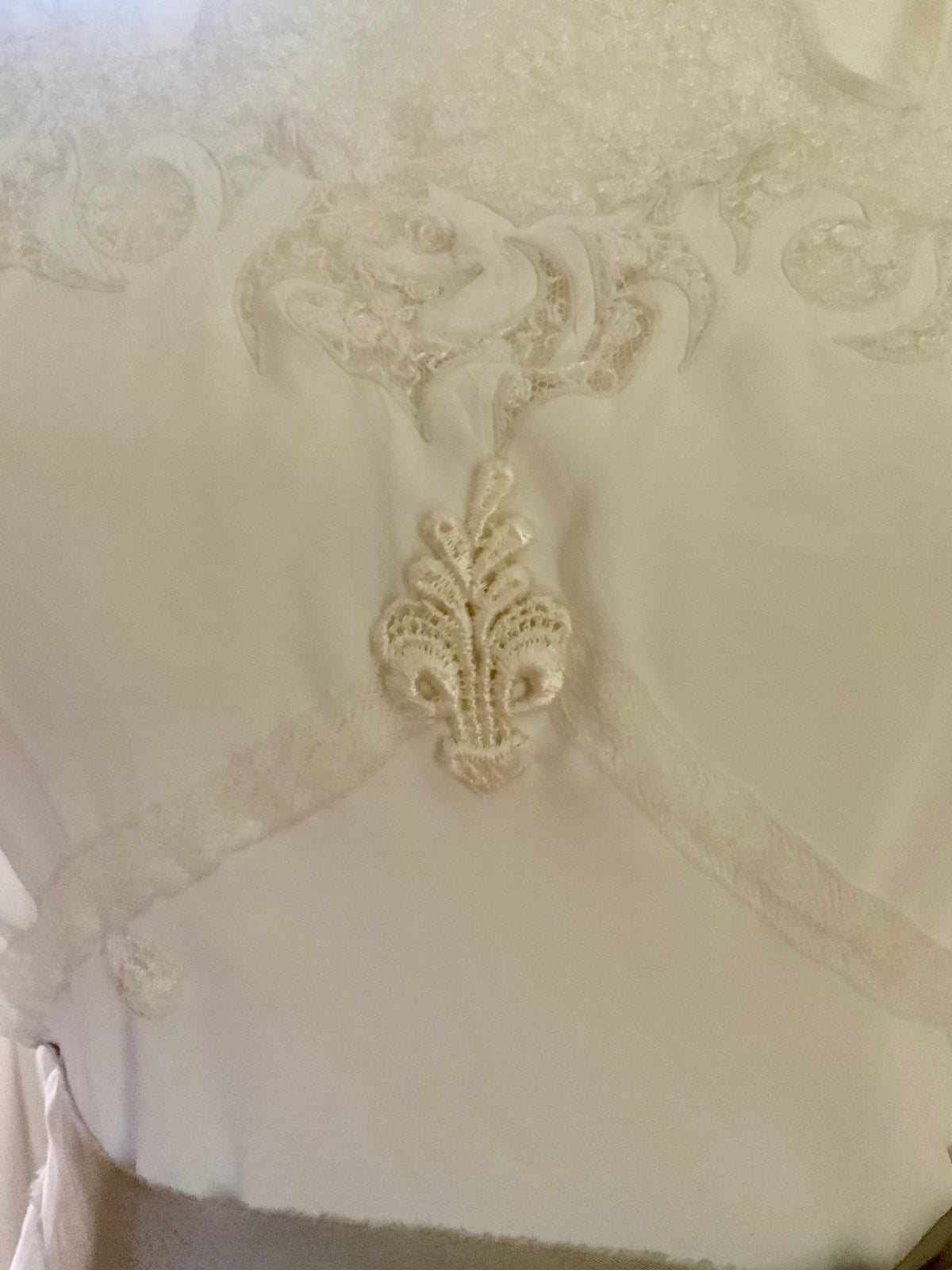 Circa 1930s–1940s White Satin Nightgown with Floral Lace and Ribbon Sash.