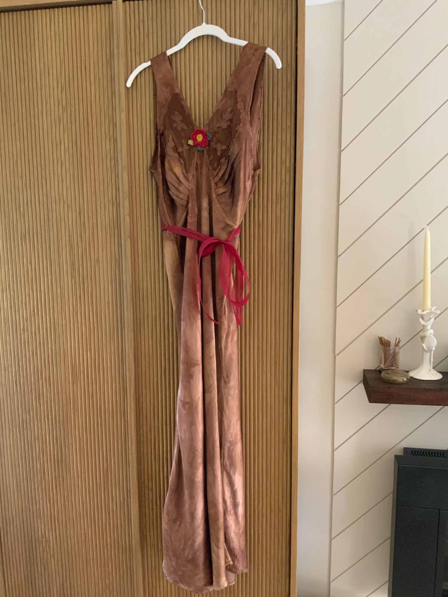 1930s Hand Dyed Silk Slip Dress Chocolate Brown Bias Cut Art Deco Embroidered Bodice OOAK
-40BK