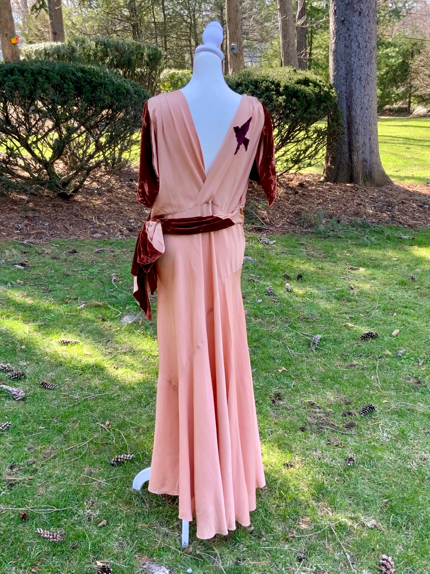 1930s Silk Crepe Evening Dress in Dusty Peach with Velvet Accents and Draped Waist | Artfully Restored-Iconic-30BH