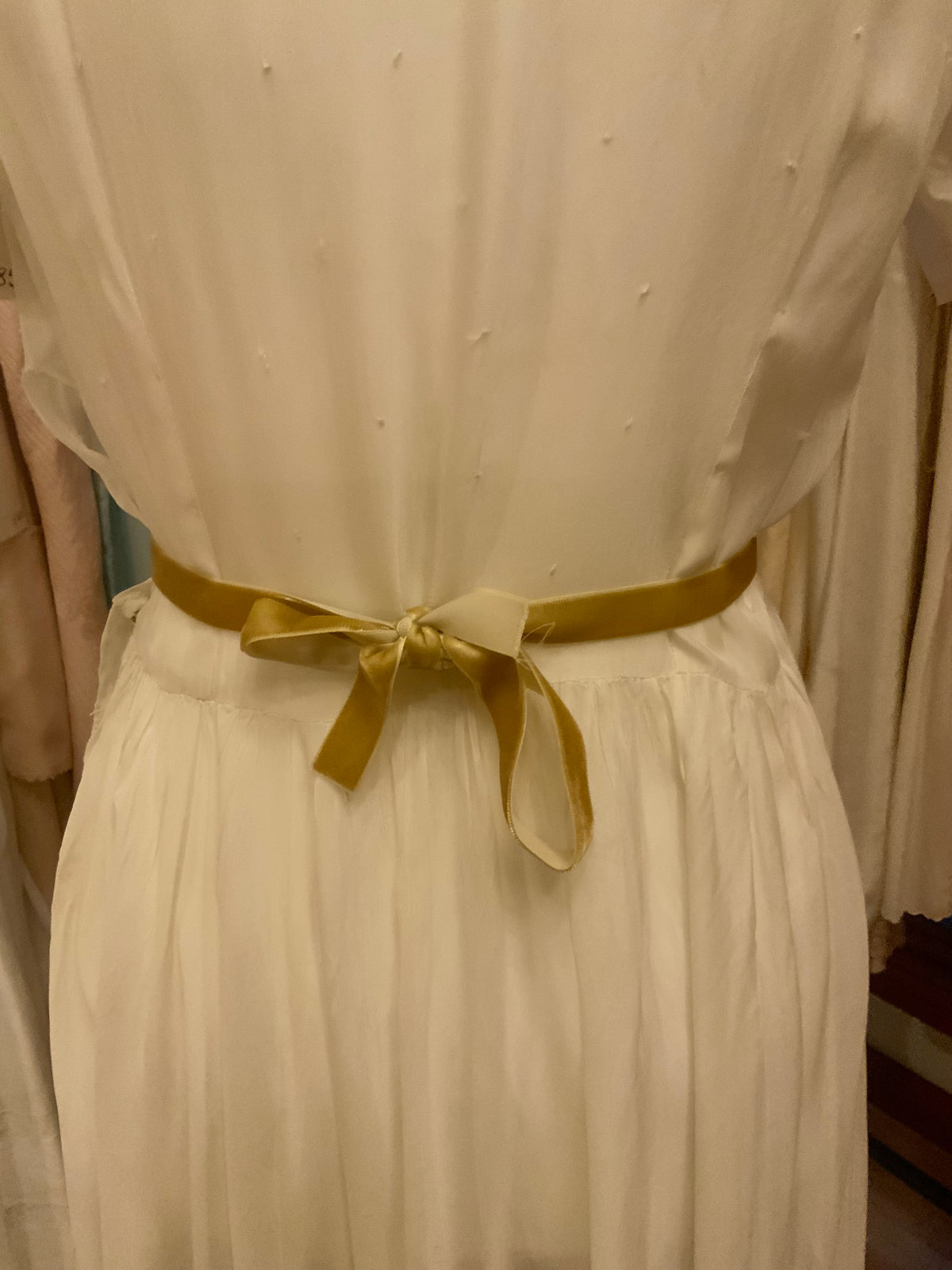 Antique Ivory Chiffon Gown with Ruffled Hem and Lace Appliqué.20ARR
