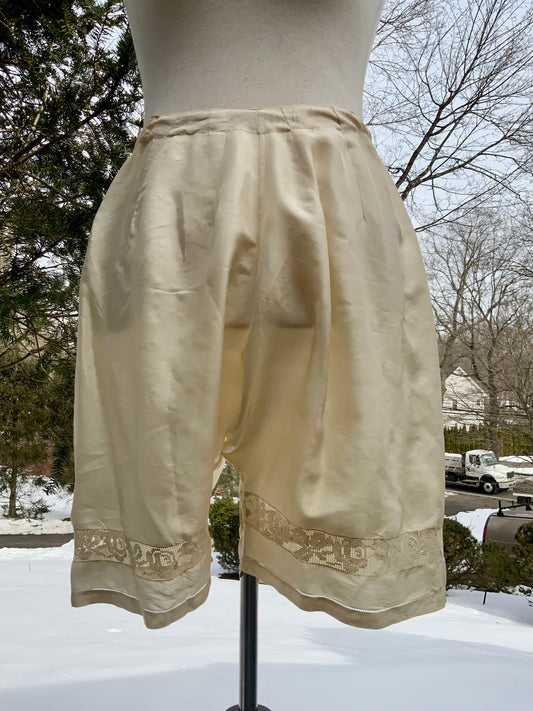 Antique 1910s–1920s Pure Silk Bloomers with Filet Lace Inset | Edwardian Lingerie Drawers-ED57