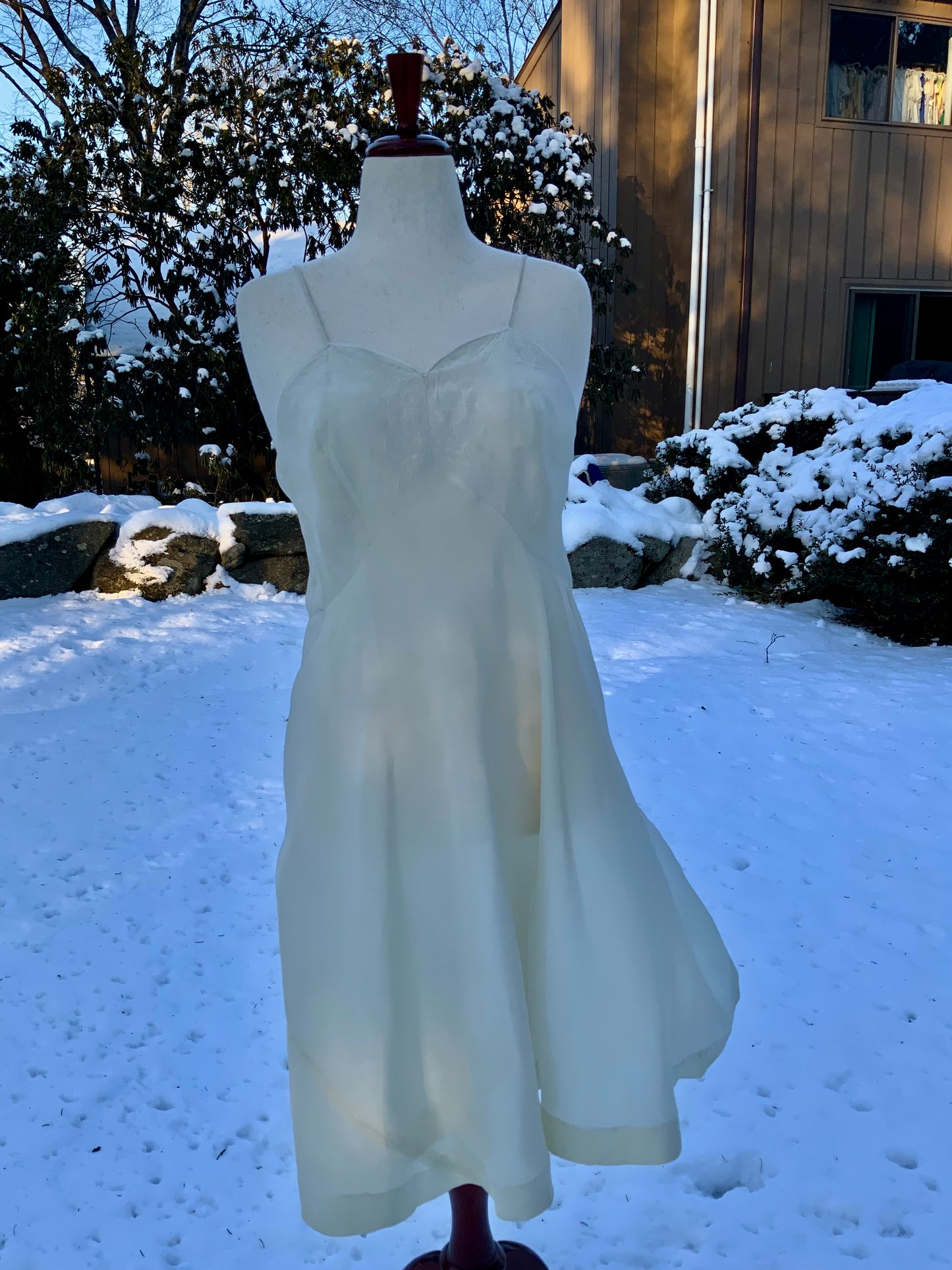 Antique silk lingerie slip, circa 1918–1922, featuring rare open-back drawstring construction and hand-embroidered bust panels- 20AR