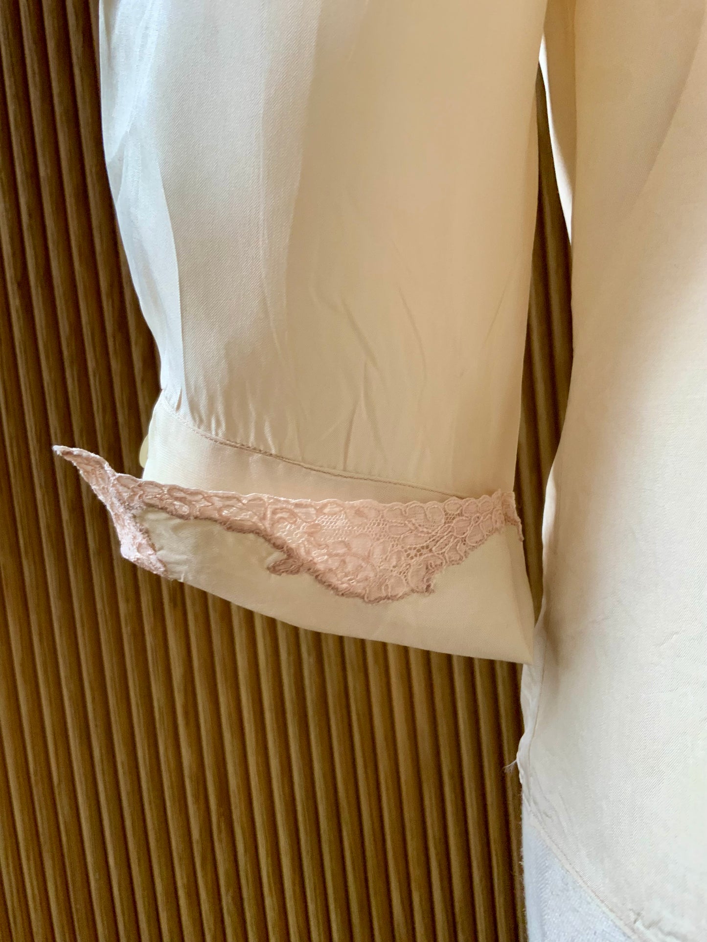 1930s Silk Blouse with Blush Lace Appliqué – Sheer Antique Chiffon Top, Romantic Lingerie Style, Bridal Boudoir Vintage-30BG