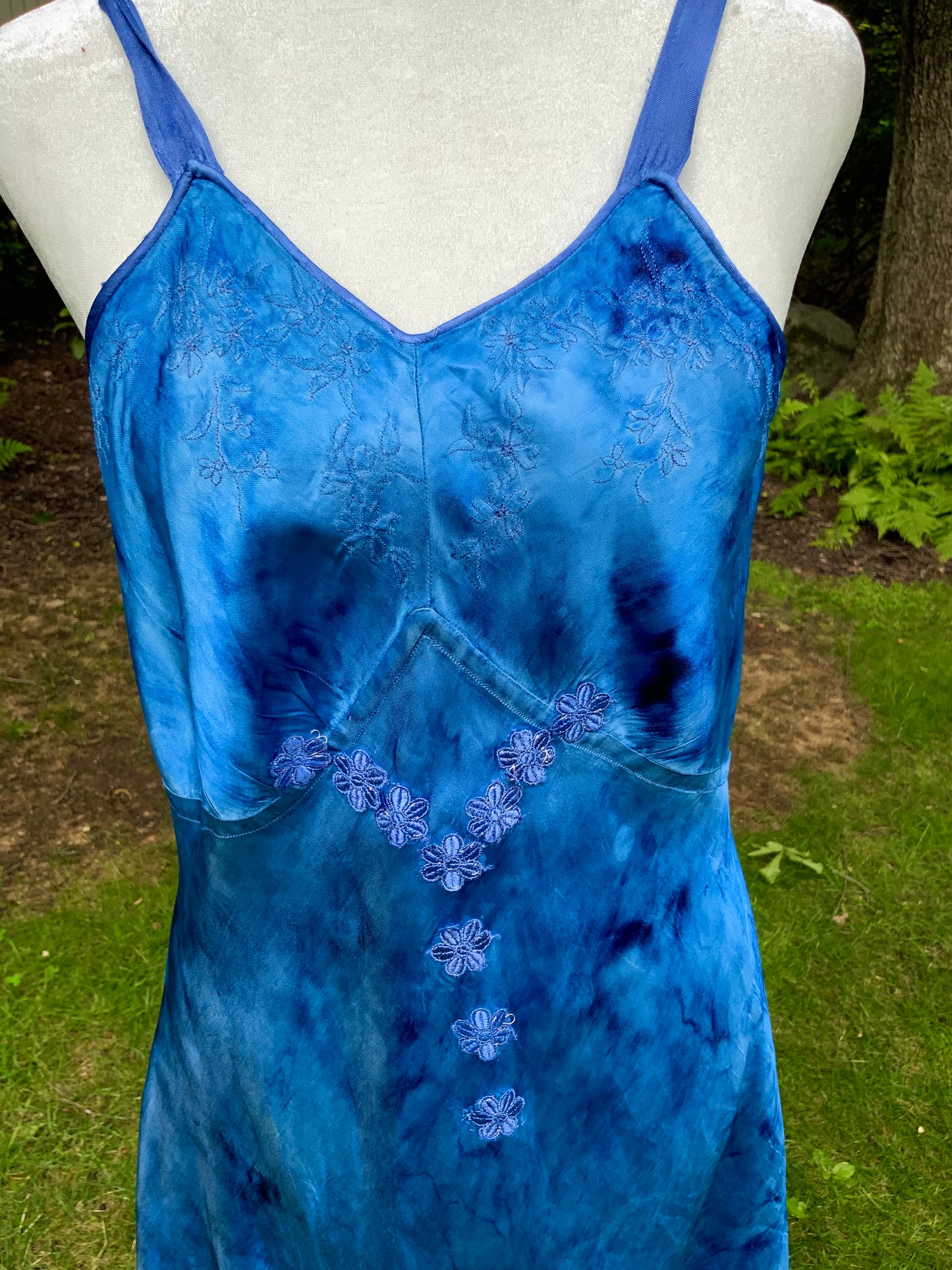 1930s Hand Dyed Blue Satin Nightgown with Floral Appliqués.40CG