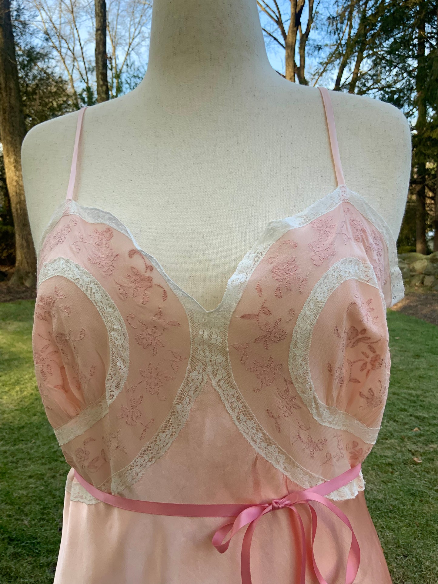 1930s Blush Satin & Chiffon Slip Dress – Floral Embroidery & Lace Panels - 30BA