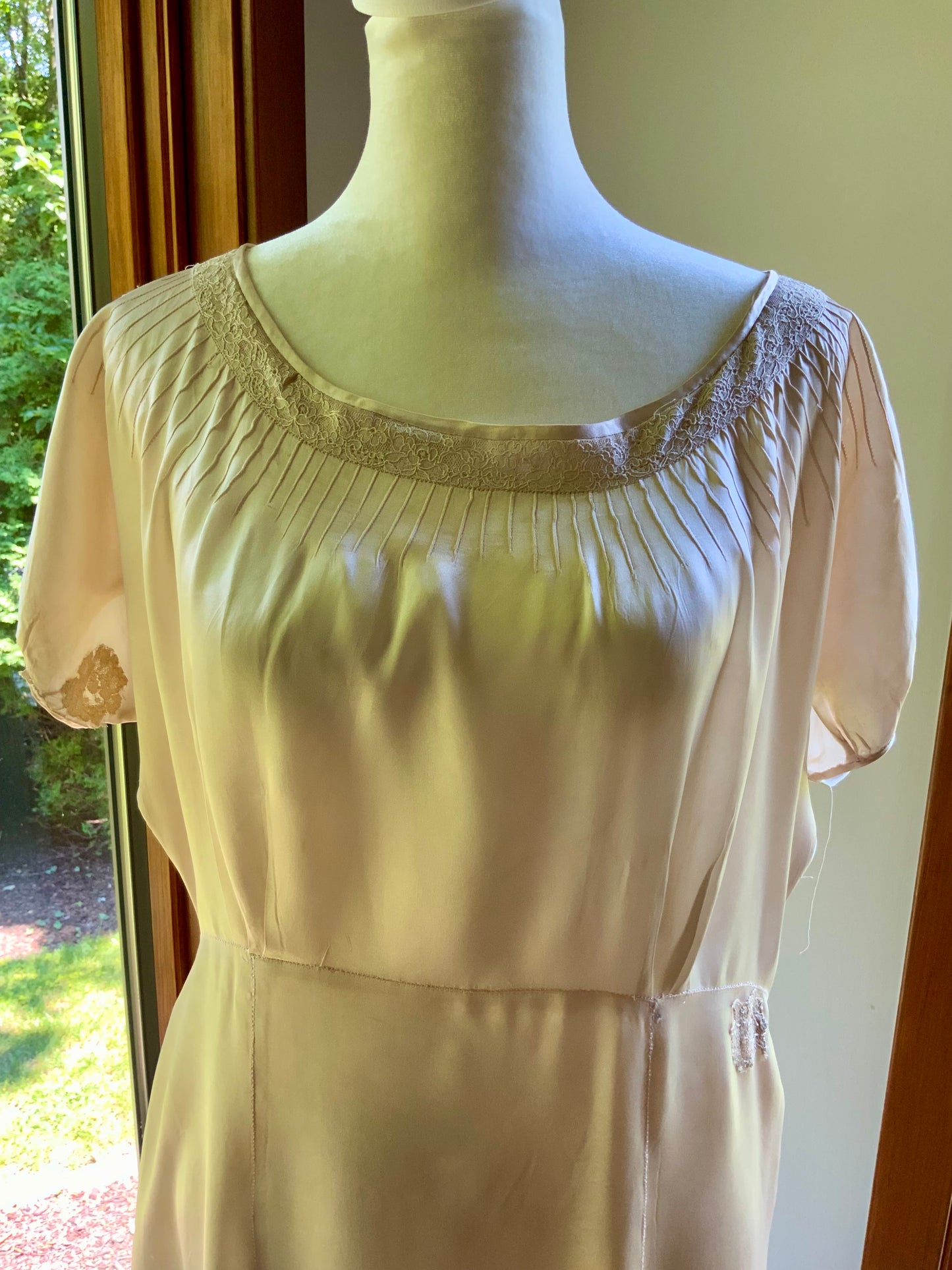 1930s Tea Dyed Silk Gown | Restored Antique Silk Lounge Dress | Lace Appliqué