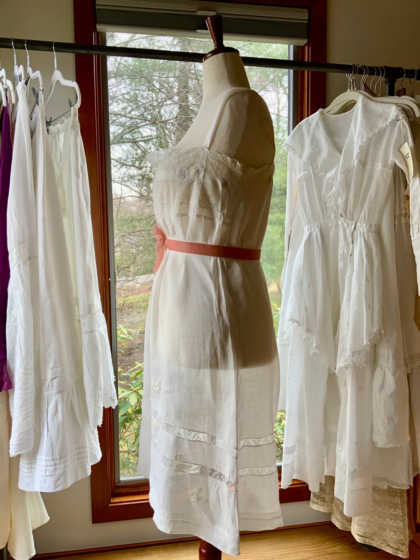 Antique 1910s Cotton Batiste Lingerie Dress with Lace Insertion & Hand Embroidery-ED74