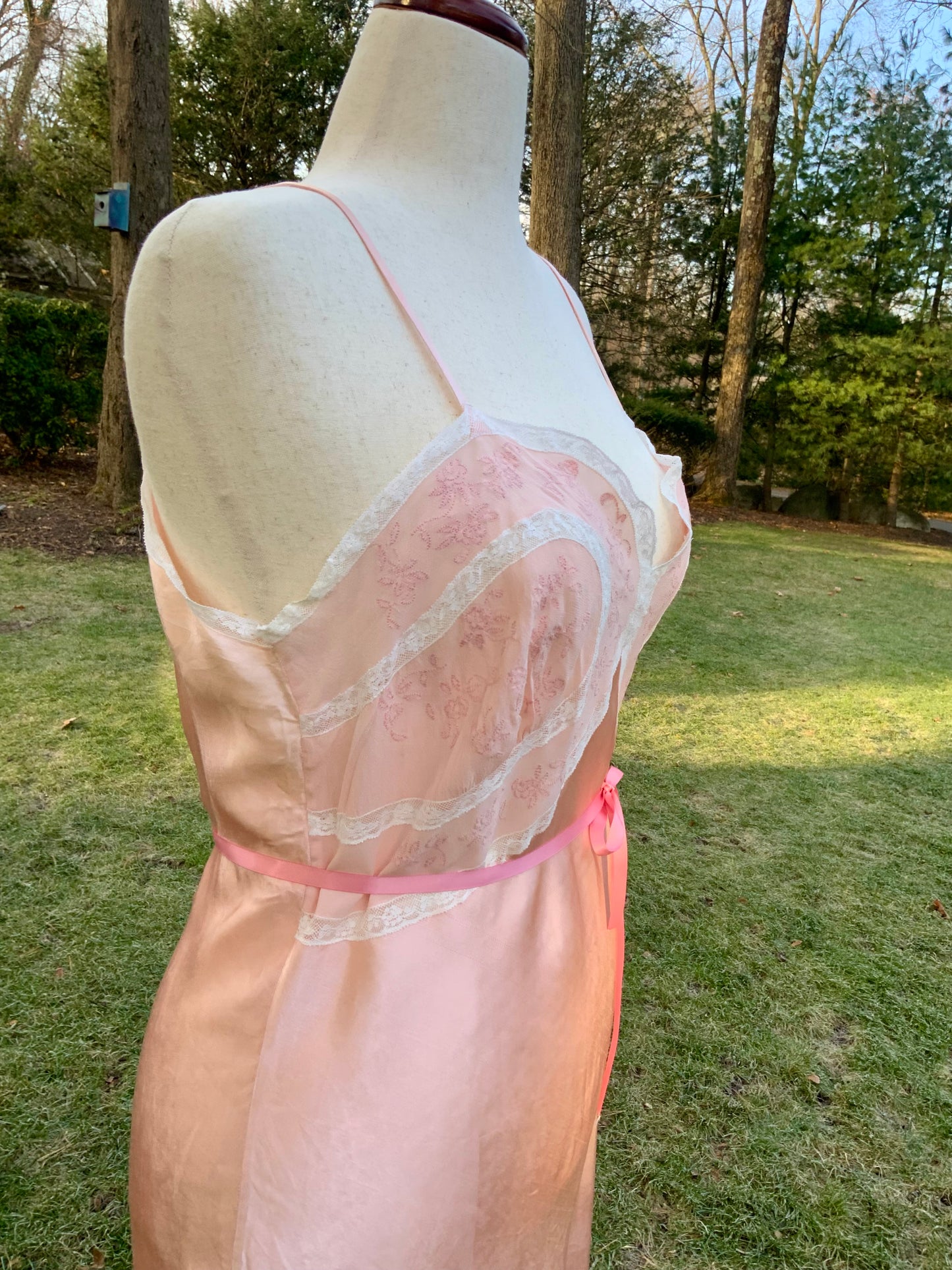 1930s Blush Satin & Chiffon Slip Dress – Floral Embroidery & Lace Panels - 30BA