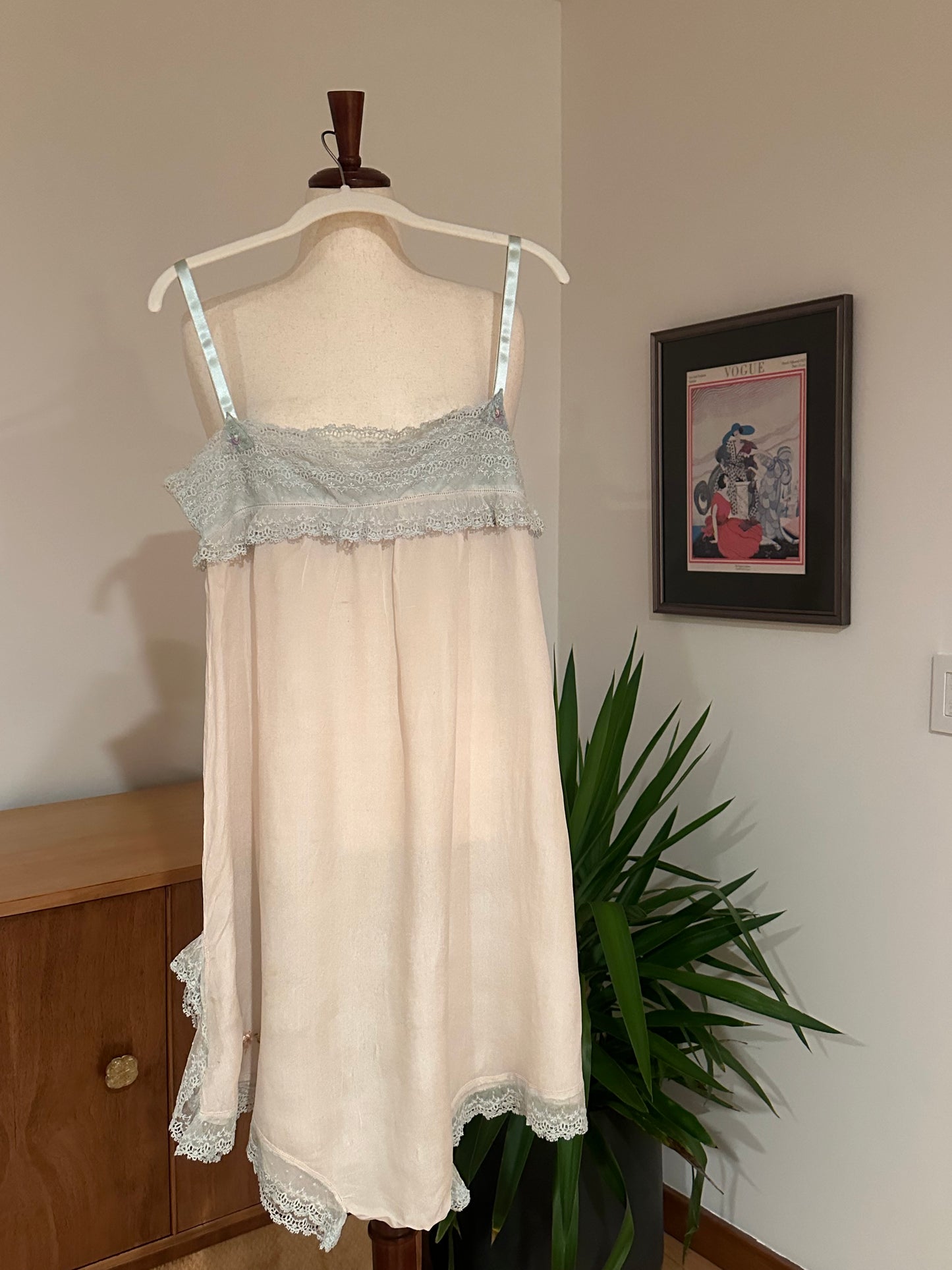 1920s–30s Pure Silk Teddy in Blush Pink with Powder-Blue Lace & Rare Antique Appliqués – Bridal Lingerie - 20AQ