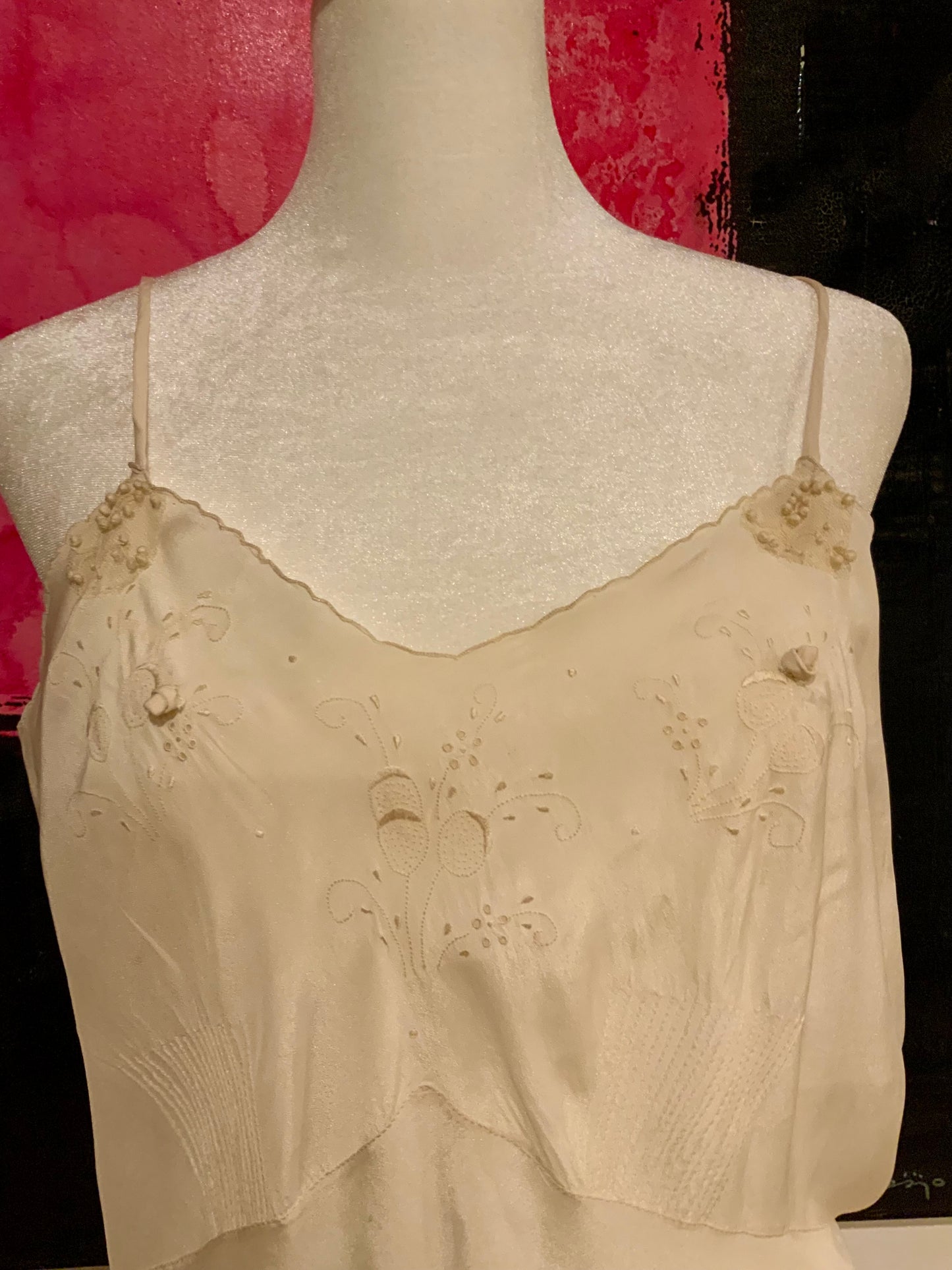 Antique 1920s Pure Silk Bridal Slip – Hand Embroidered Ivory Lingerie Dress – Edwardian Flapper Era Nightgown-20AT