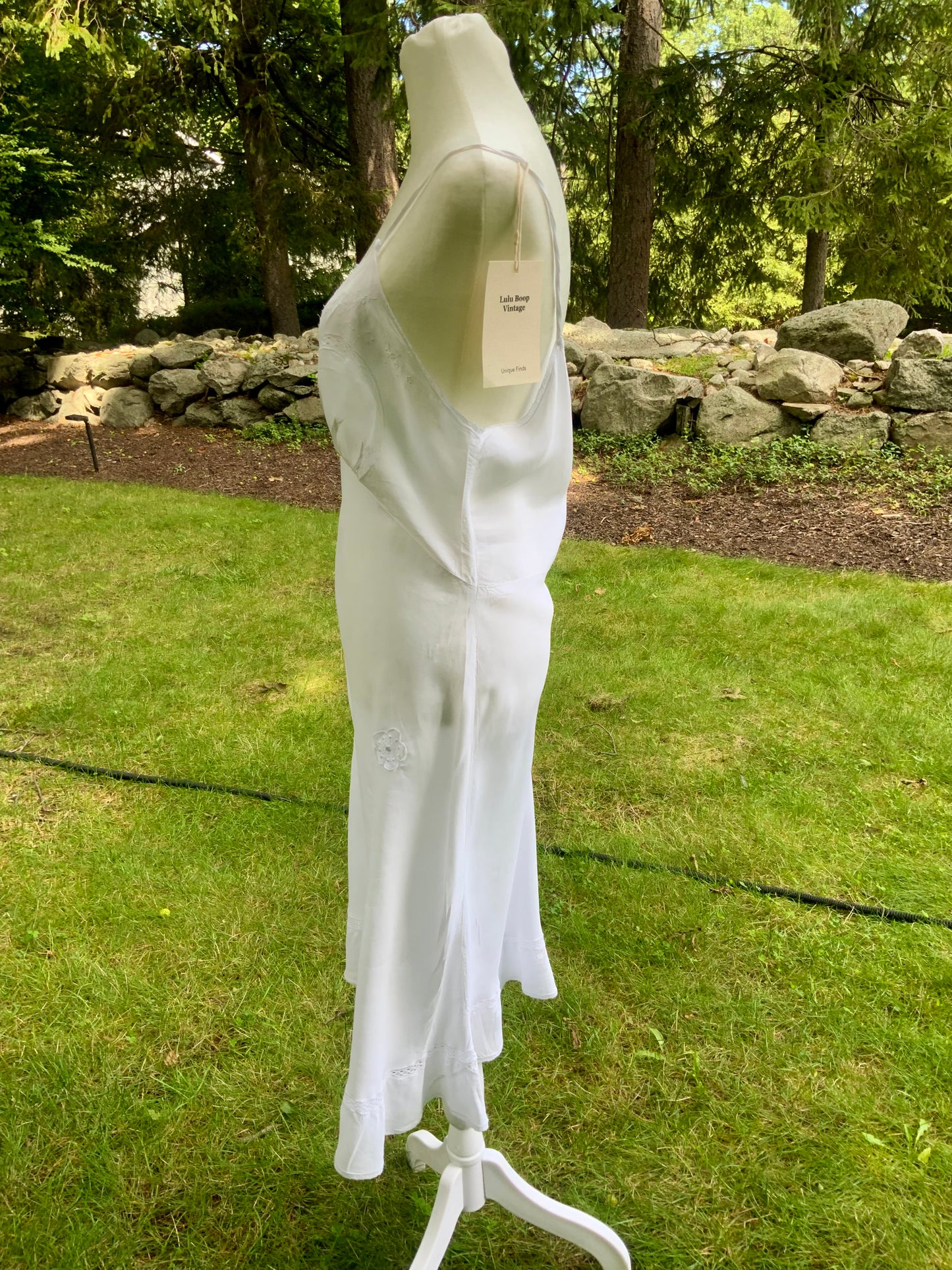 1930s White Satin Nightgown. Embroidered Bias Cut Slip Dress. Bridal Lingerie Gown .30CQ
