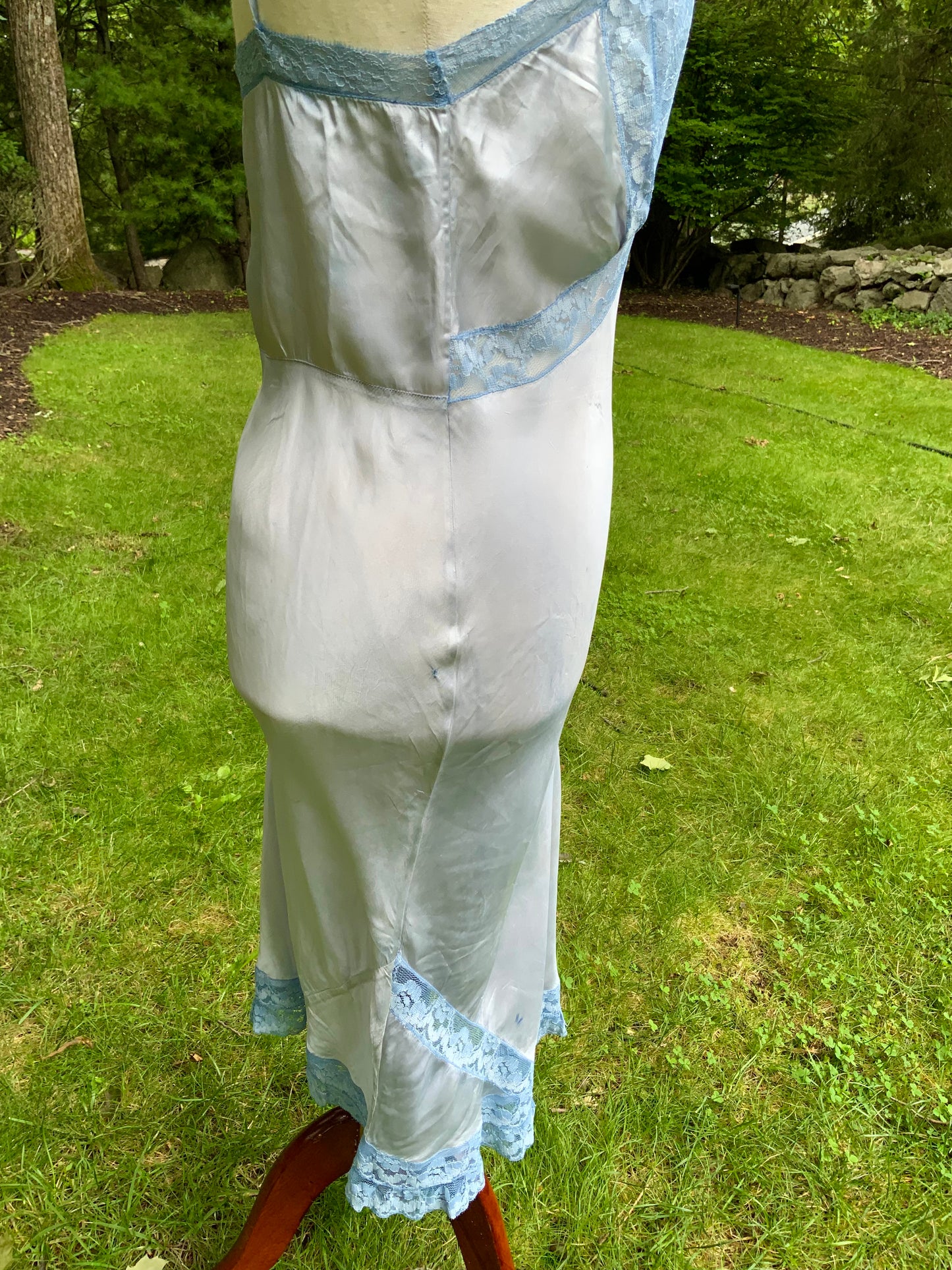 1930s Hand-Dyed Ice Blue Satin and Lace Bias-Cut Full Slip.50BA
