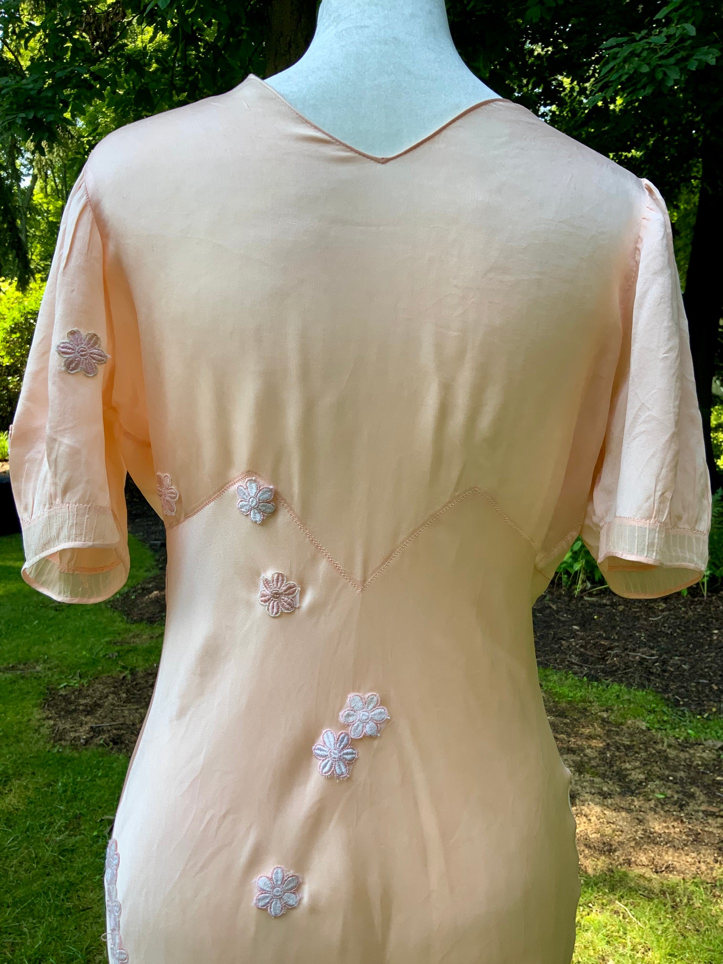 Rare Late 1930s Peach Silk Evening Gown. Pleated Bodice. Bias Cut. Restored Floral Details.30CY