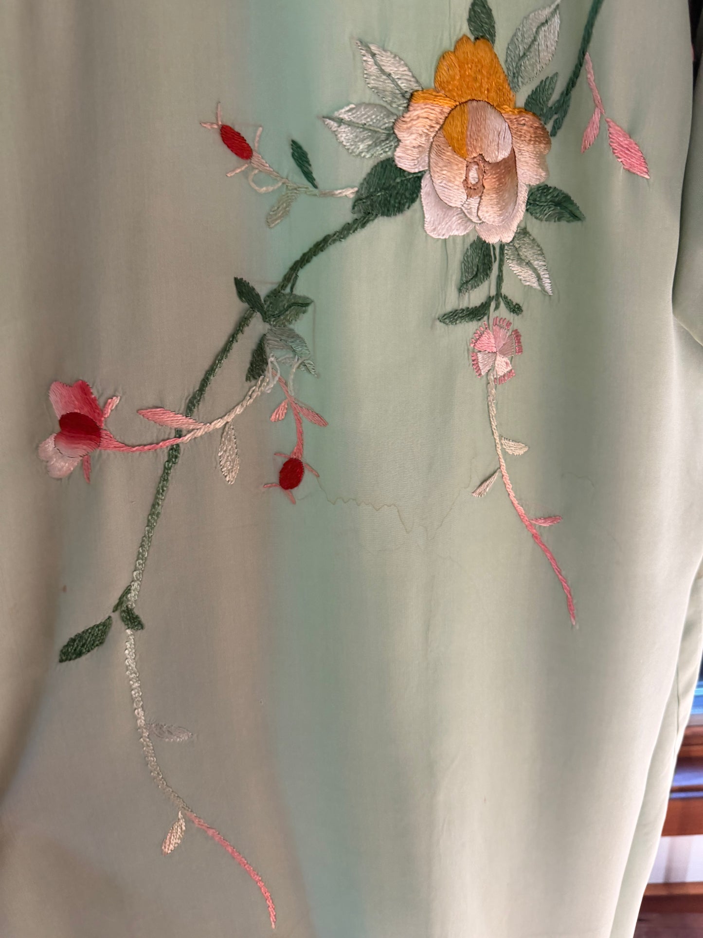 Vintage Japanese Silk Embroidered Kimono | Celadon Green Floral Robe
-40CD