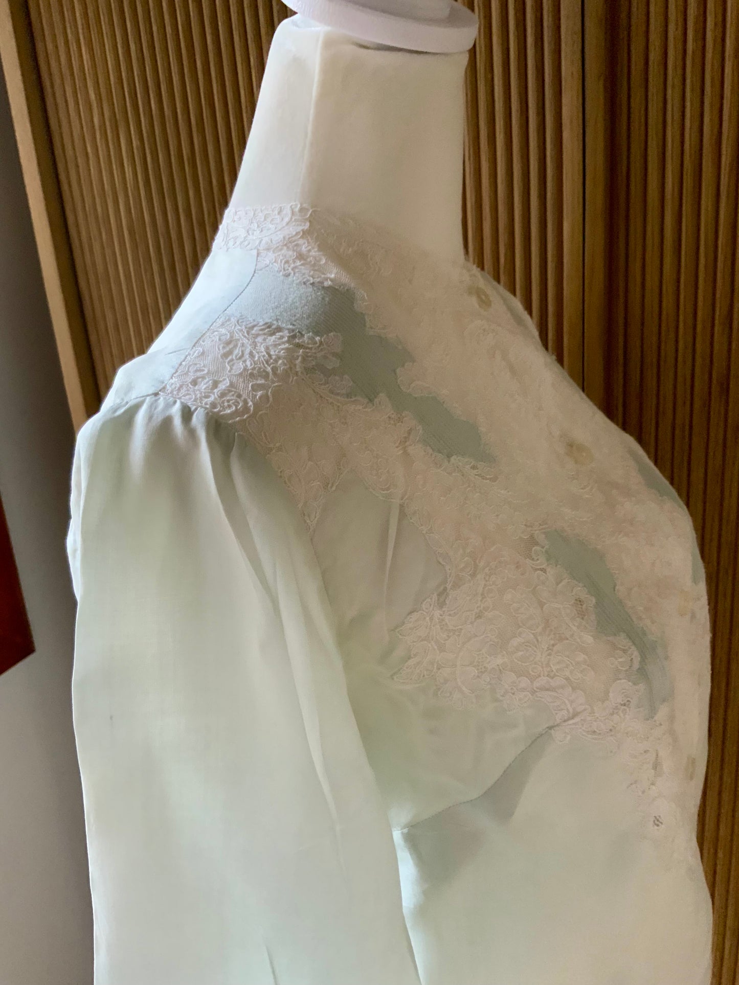 1940s Silk Satin Blouse with Lace Appliqué | Mint Green | Edwardian Revival-40AT