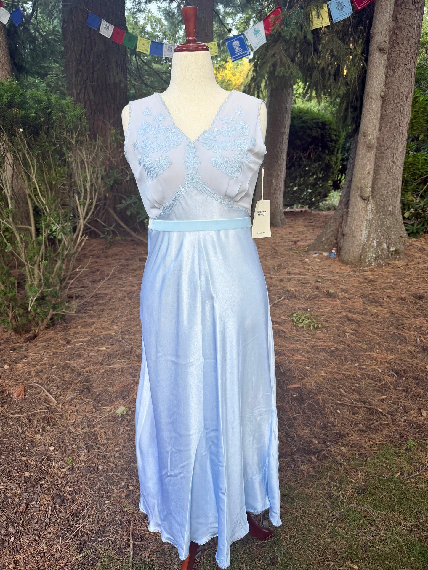 1930s Powder Blue Silk Satin Slip Dress | Embroidered Illusion Mesh Bodice |Large
-30BV