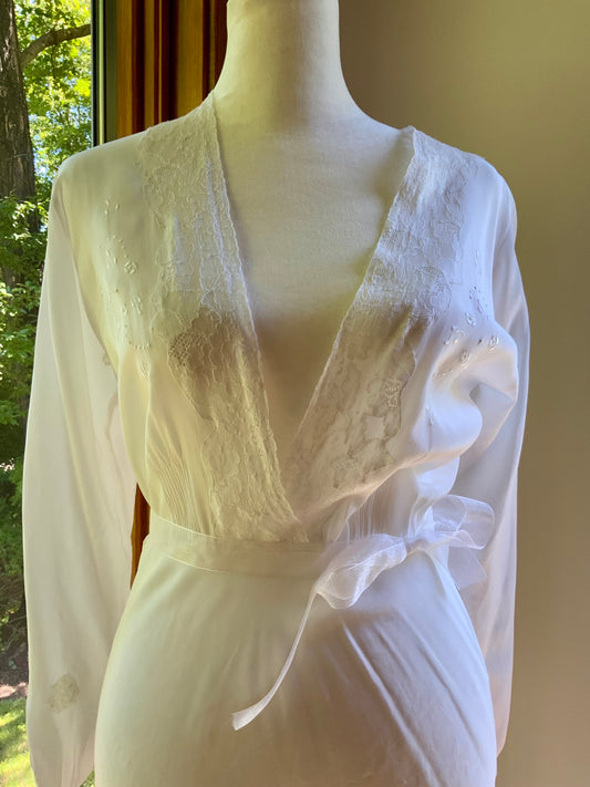 Vintage Ivory Silk Satin Long Sleeve Bridal Gown | Deep V-Neck Lace Maxi Dress-70BD