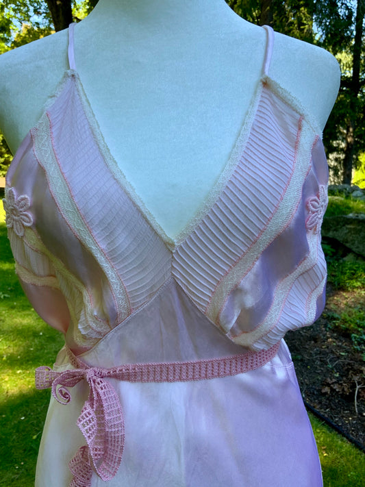 1930s Blush Pink Satin Bias Cut Slip Dress with Pleated Trim.30CN