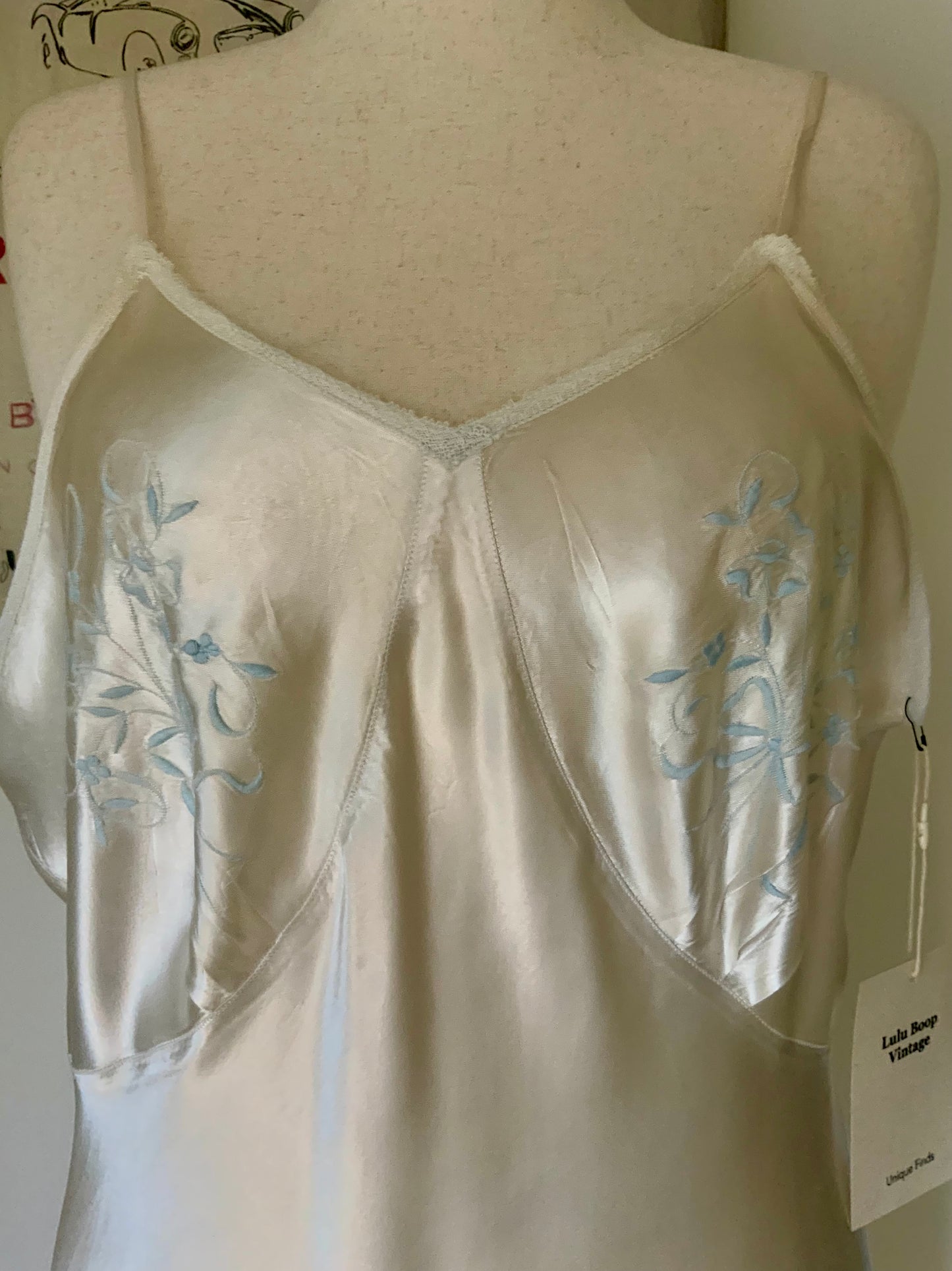 1930s Ivory Silk Satin Embroidered Slip Dress | Blue Floral Boudoir Nightgown | Bias Cut Bridal Lingerie | Old Hollywood Glamour-40AV