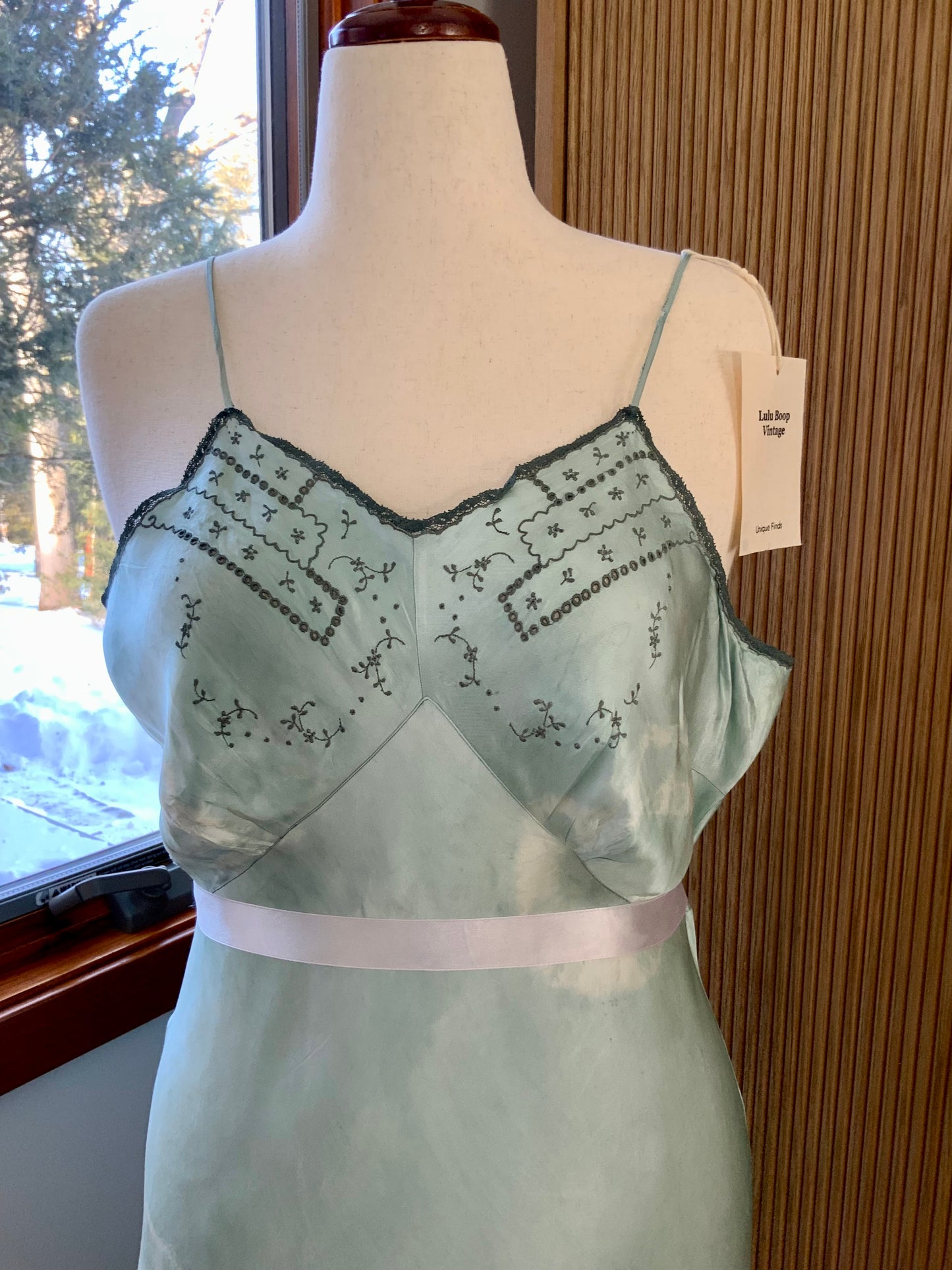 1930s–1940s Hand-Dyed Silk Satin Embroidered Slip Dress-40AN