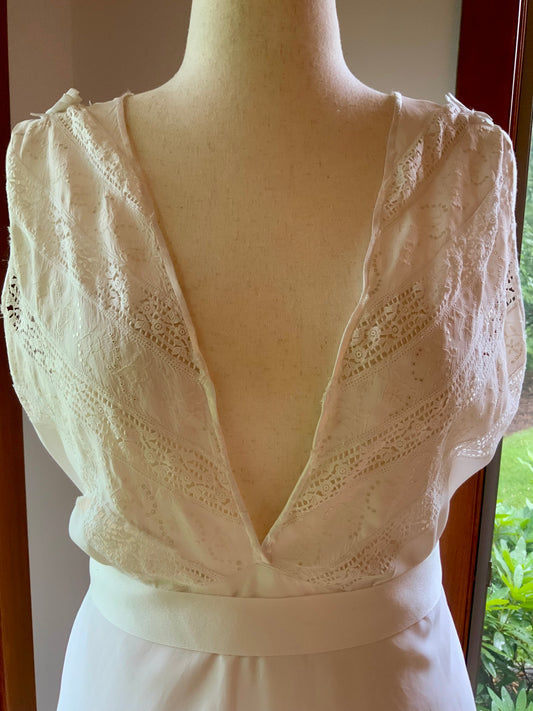 1930s Ivory Bridal Slip Dress with Embroidered Lace Bodice-Deep V. Neck-30DK