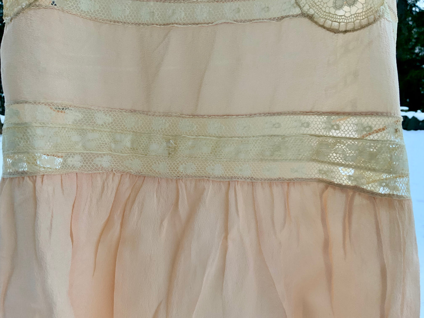 Circa 1912–1918 Blush Pink Silk Chiffon Teddy with Antique Lace – Edwardian Boudoir Lingerie-ED47