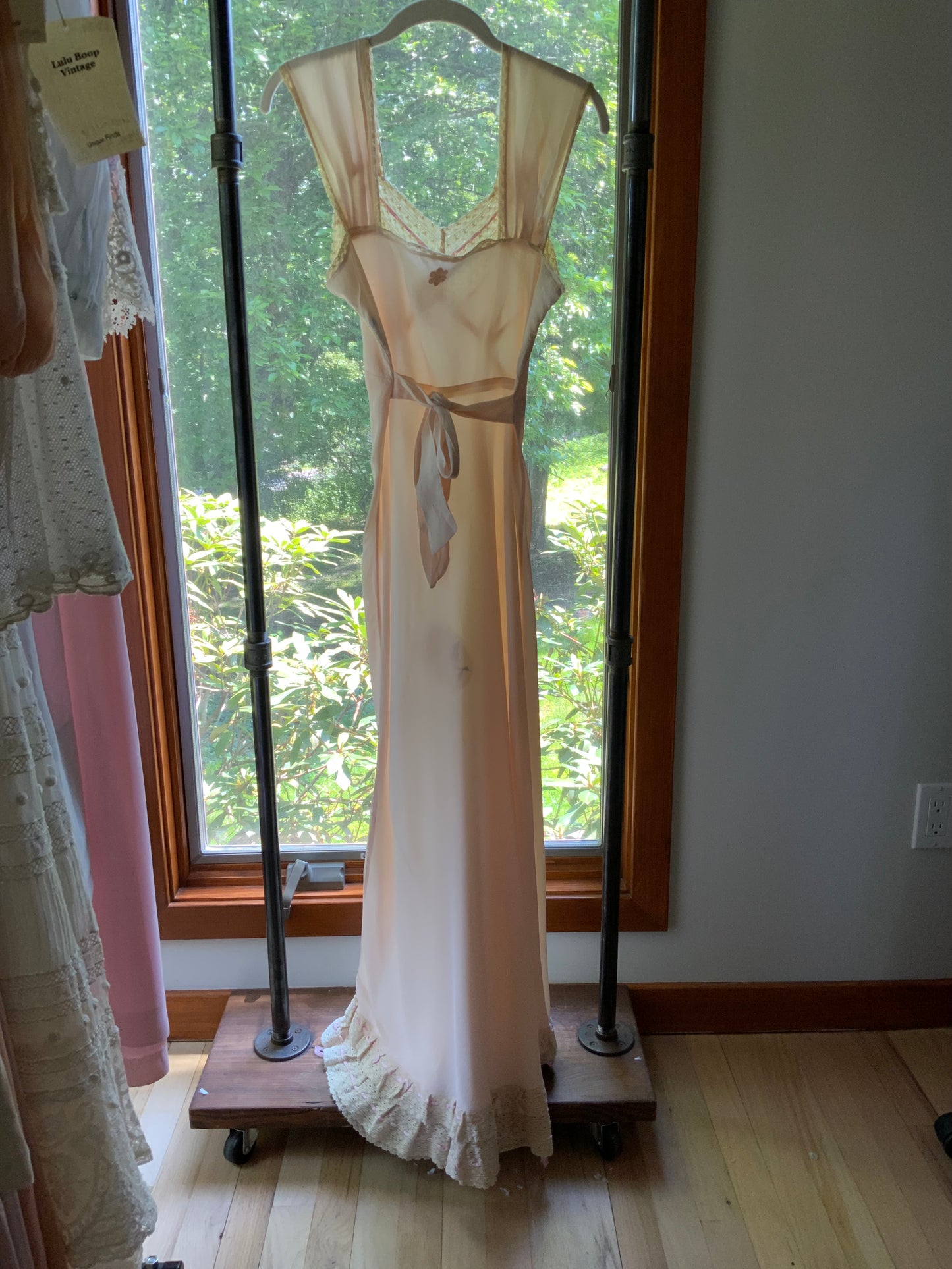 1930s Pale Peach Bias Cut Nightgown. Lace and Ribbonwork Boudoir Gown. Cap Sleeve Satin Lingerie.30CS