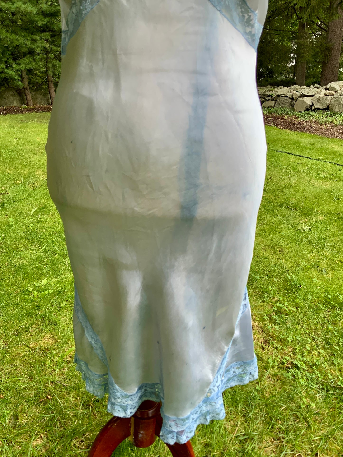 1930s Hand-Dyed Ice Blue Satin and Lace Bias-Cut Full Slip.50BA