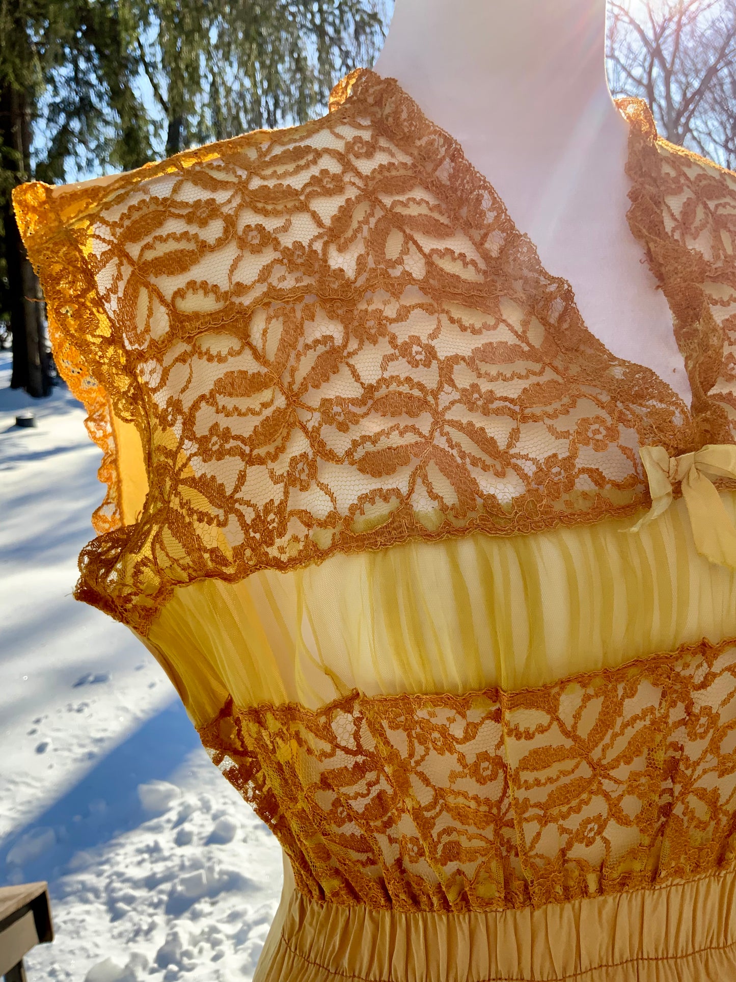 Hand-Dyed 1930s–40s Silk Chiffon Lace Nightgown – Golden Sunset-30BD