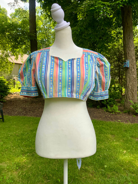 Rare 1930s Floral Stripe Button Back Blouse | Puff Sleeve Crop Top-30CZ