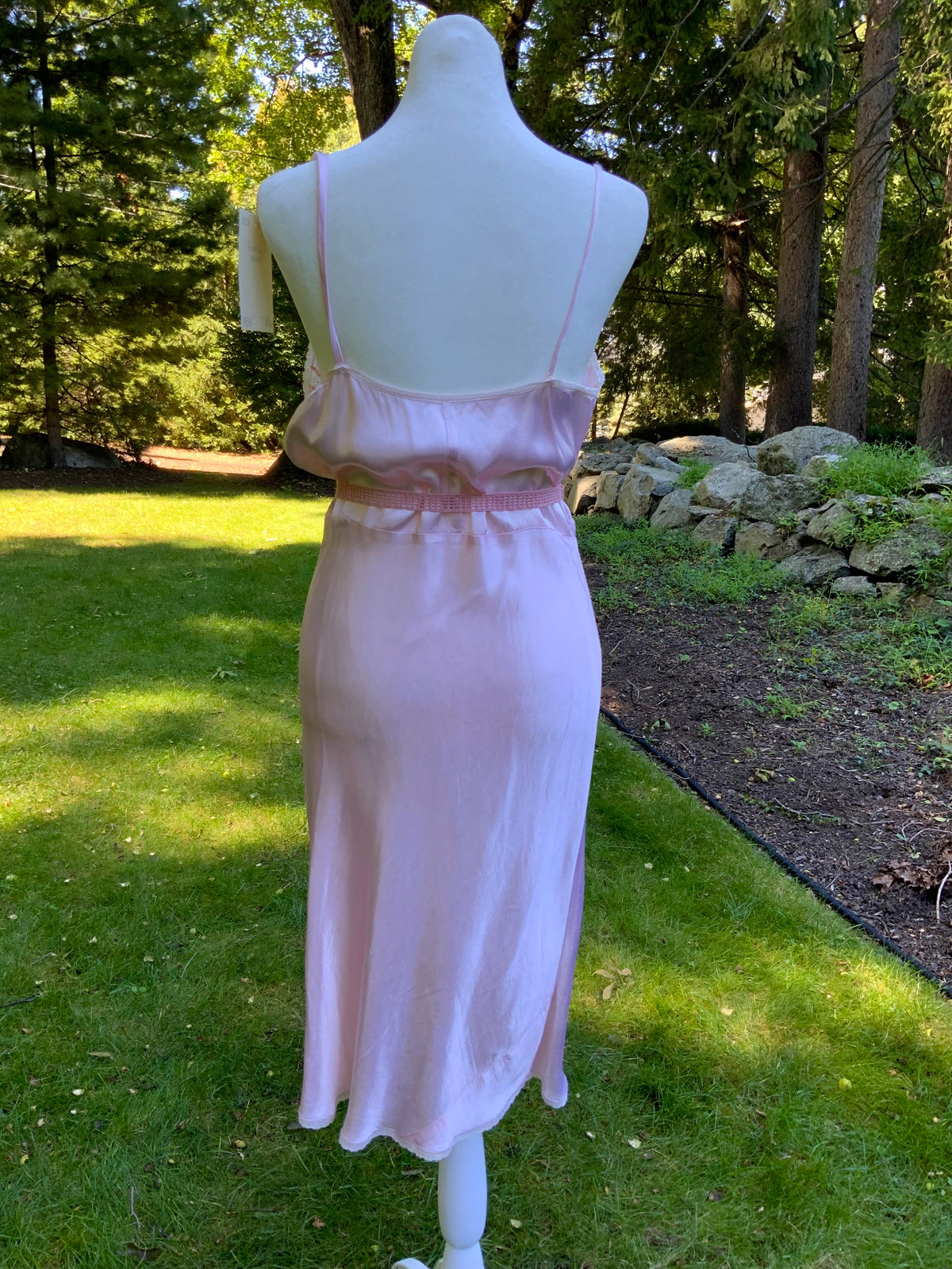 1930s Blush Pink Satin Bias Cut Slip Dress with Pleated Trim.30CN