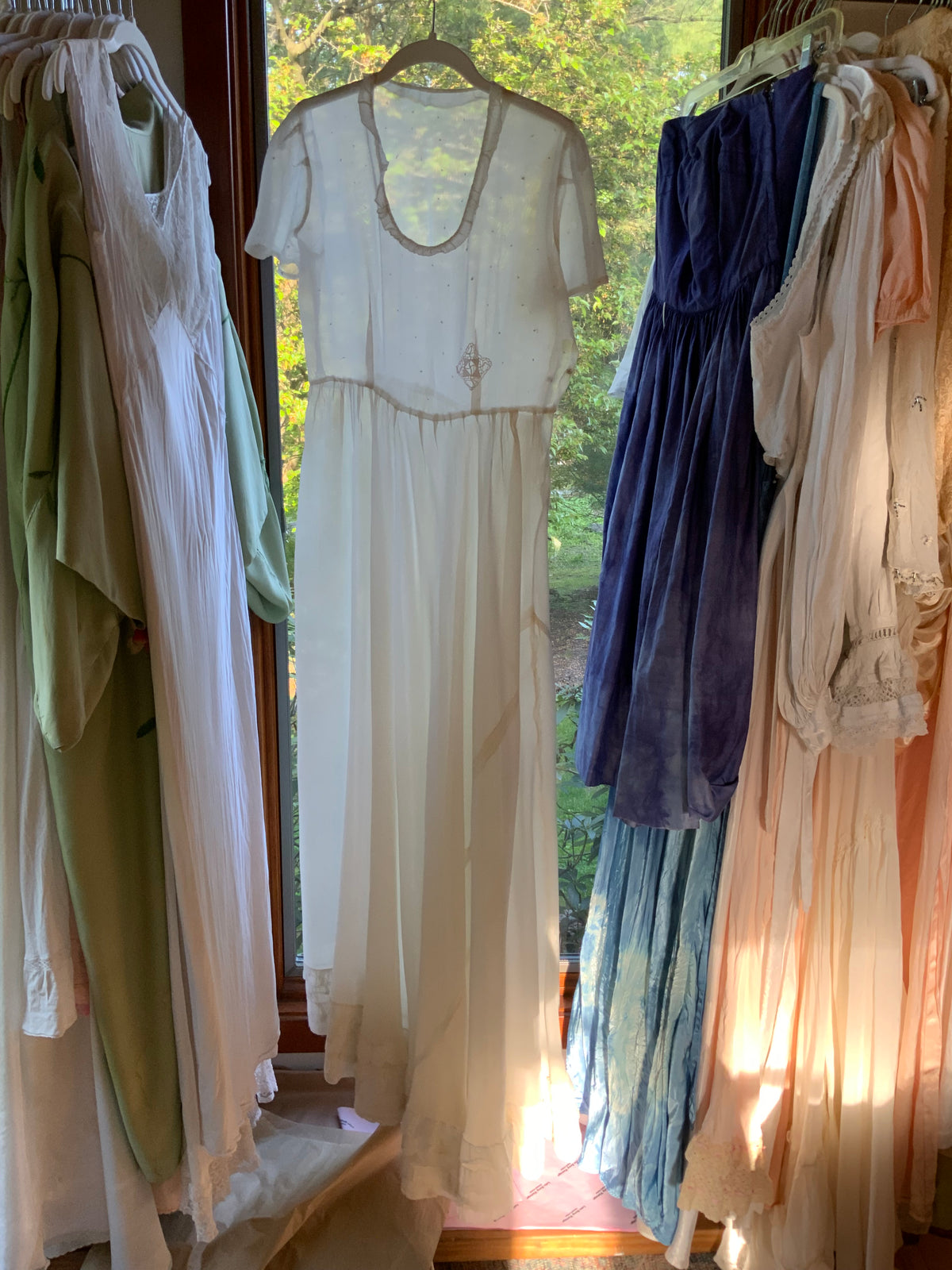 Antique Ivory Chiffon Gown with Ruffled Hem and Lace Appliqué.20ARR