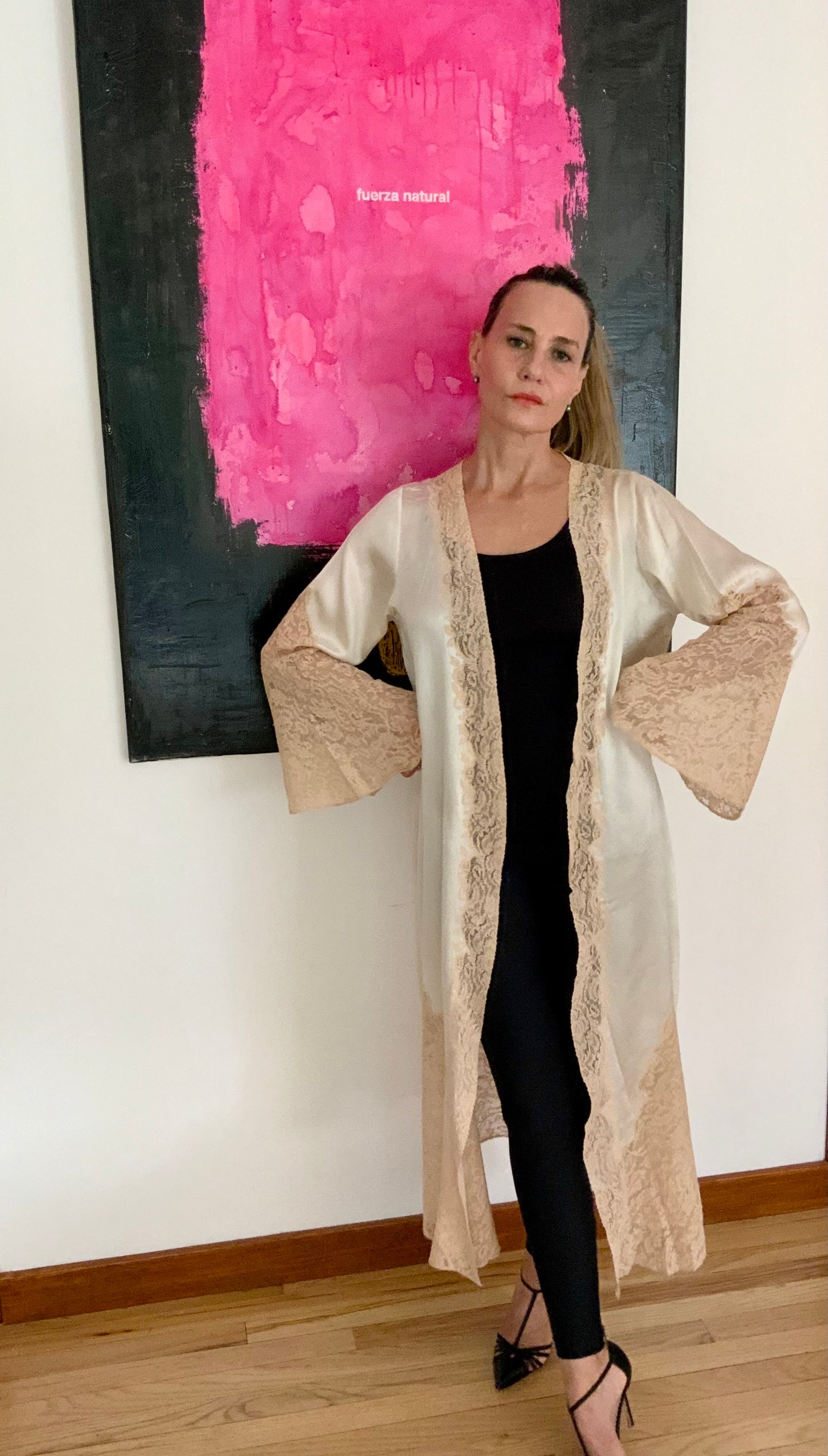 1930s Pure Silk & Lace Robe – Ivory Antique Peignoir with Hand – Luxury Vintage - 30AR