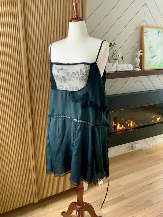 1920s–30s Pure Silk Boudoir Slip Dress — Black with Antique Lace Inset-XL-20AK