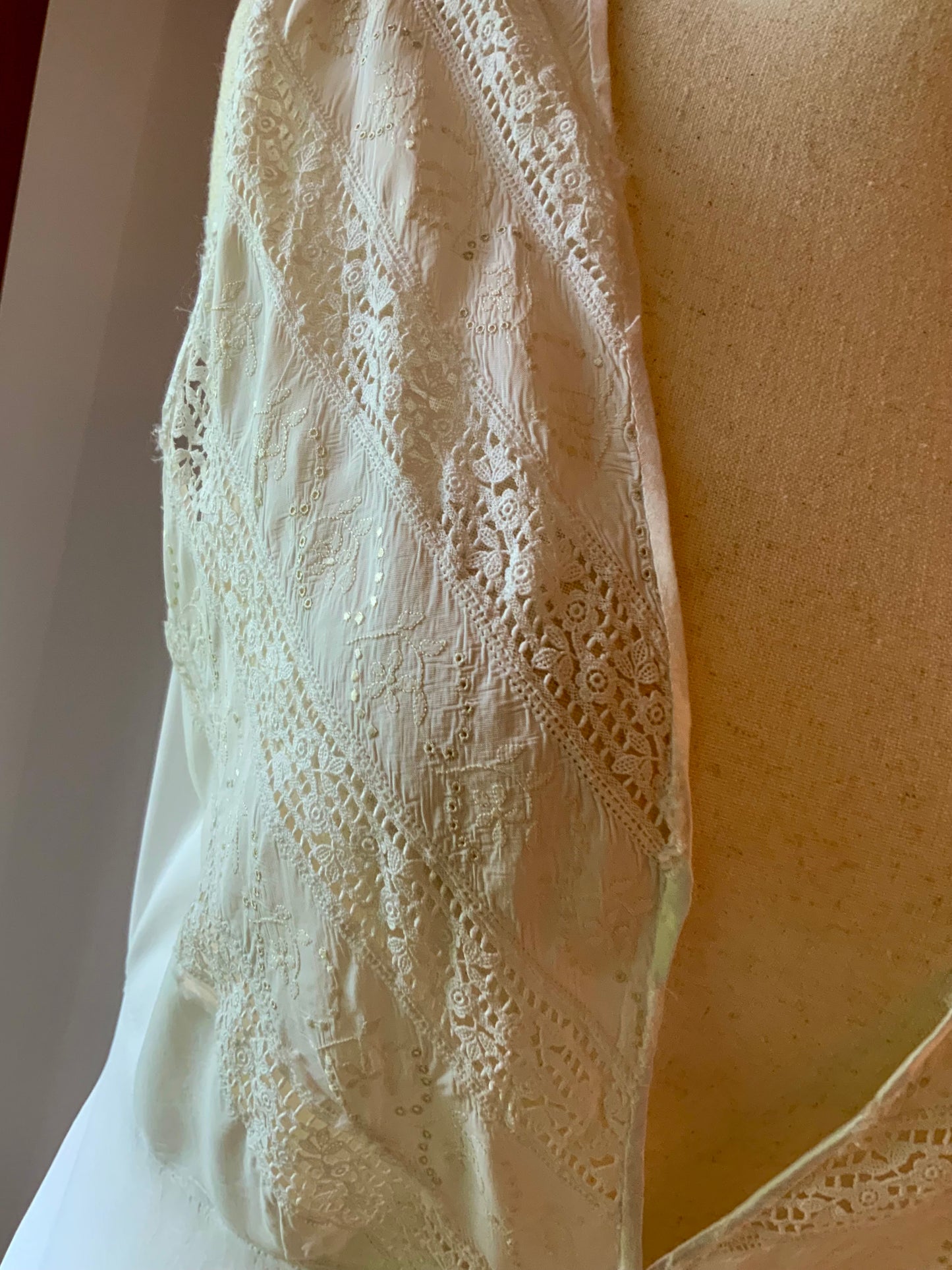 1930s Ivory Bridal Slip Dress with Embroidered Lace Bodice-Deep V. Neck-30DK