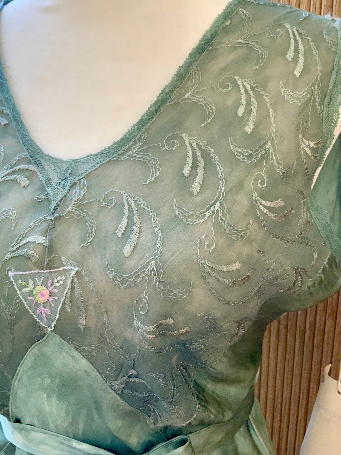 Hand Dyed Antique Satin & Chiffon Nightgown | Restored Vintage Lingerie Dress | 1930s Bias Cut Green Silk Satin Slip
- 40AD