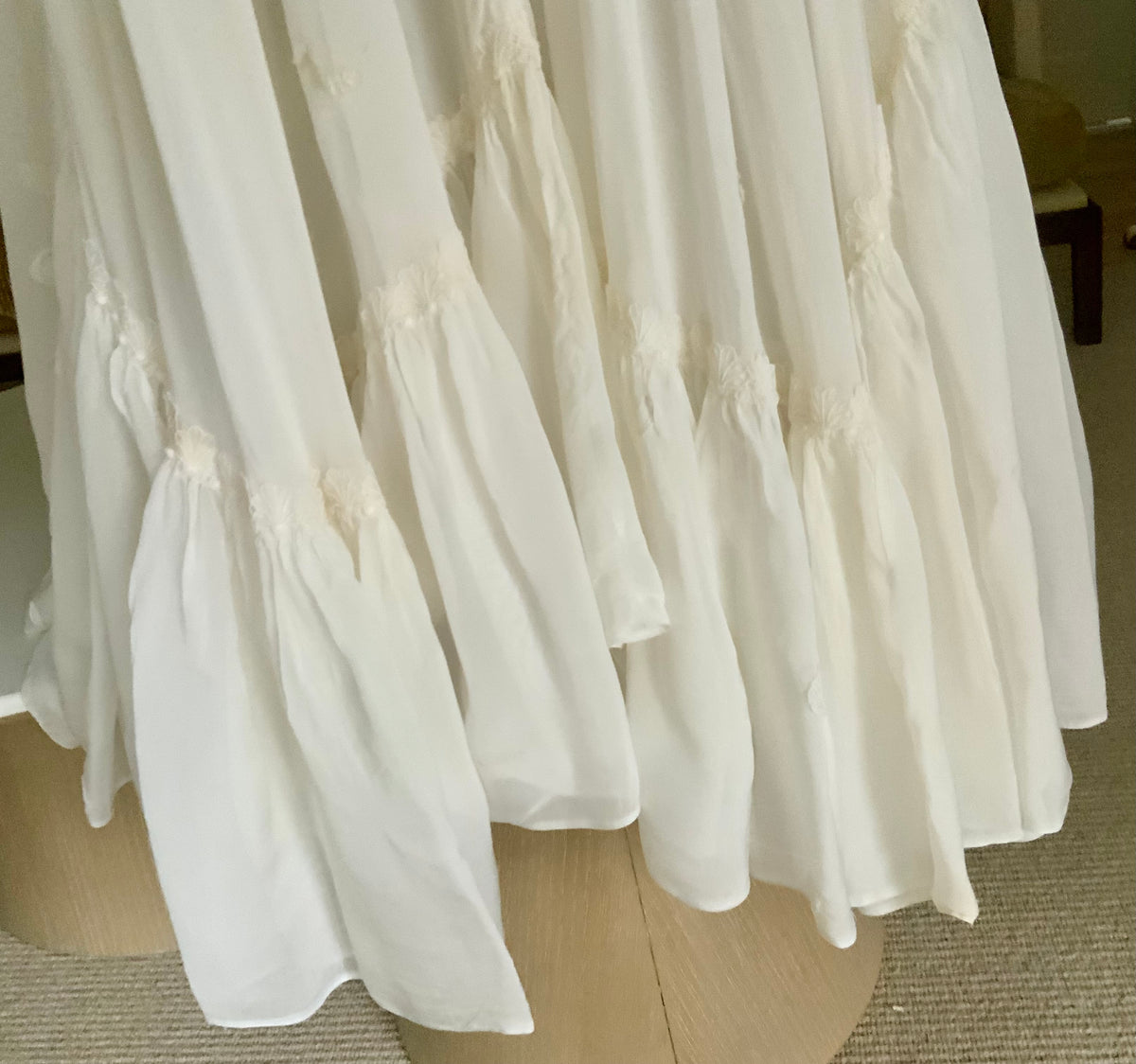 Circa 1940s Ivory Chiffon Wedding Gown with Beaded Shell Motifs and Lace Appliqués.40CH.