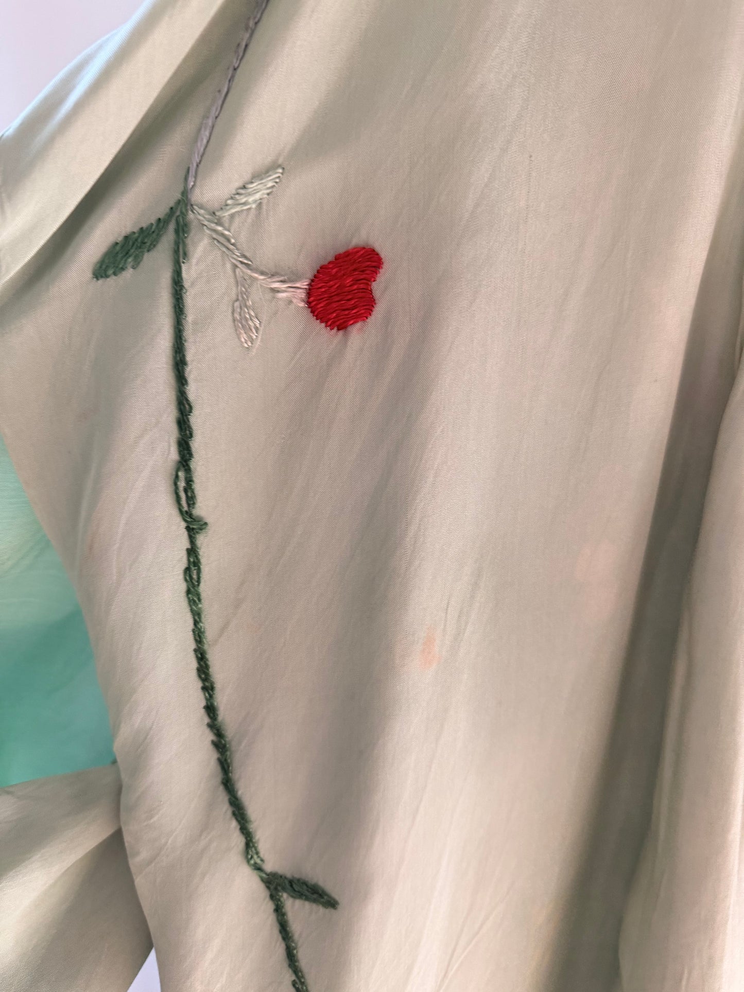 Vintage Japanese Silk Embroidered Kimono | Celadon Green Floral Robe
-40CD