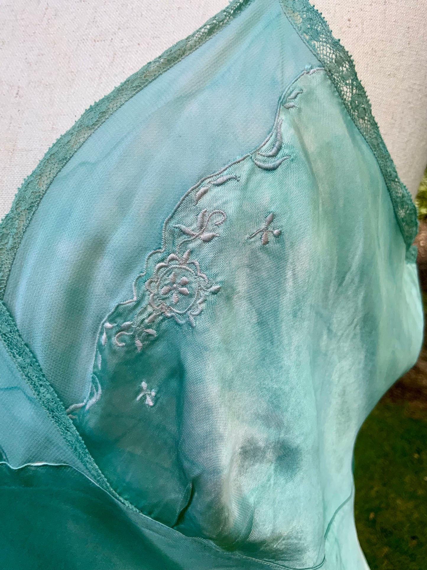 1930s Hand-Dyed Aqua Satin Slip Dress. Embroidered Bias Cut Slip with Sash.40CB