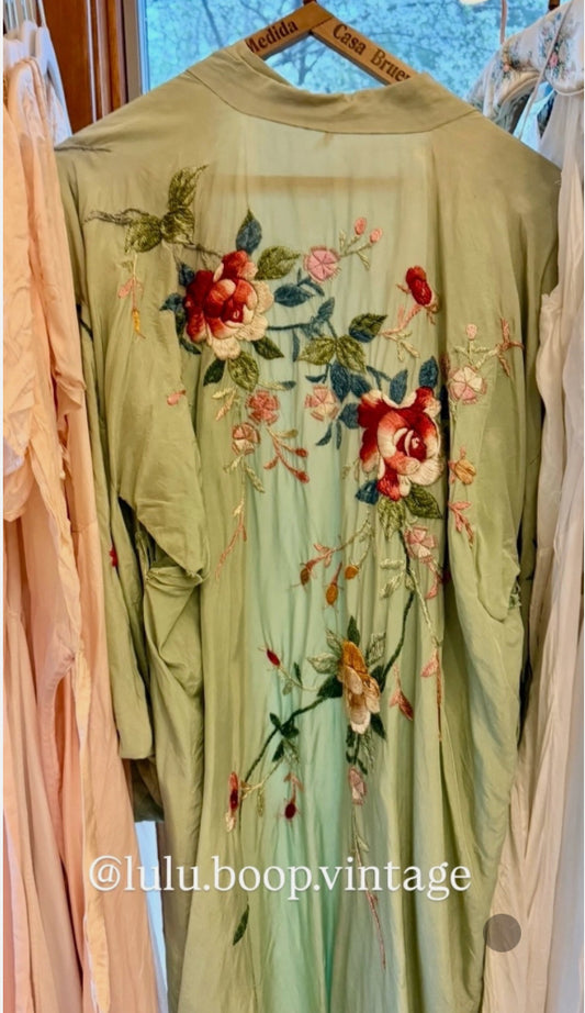 Vintage Japanese Silk Embroidered Kimono | Celadon Green Floral Robe
-40CD
