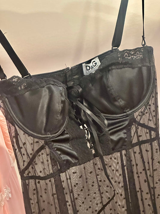 Vintage Dolce & Gabbana Black Satin & Polka-Dot Tulle Corset Slip Dress –90s- 90E