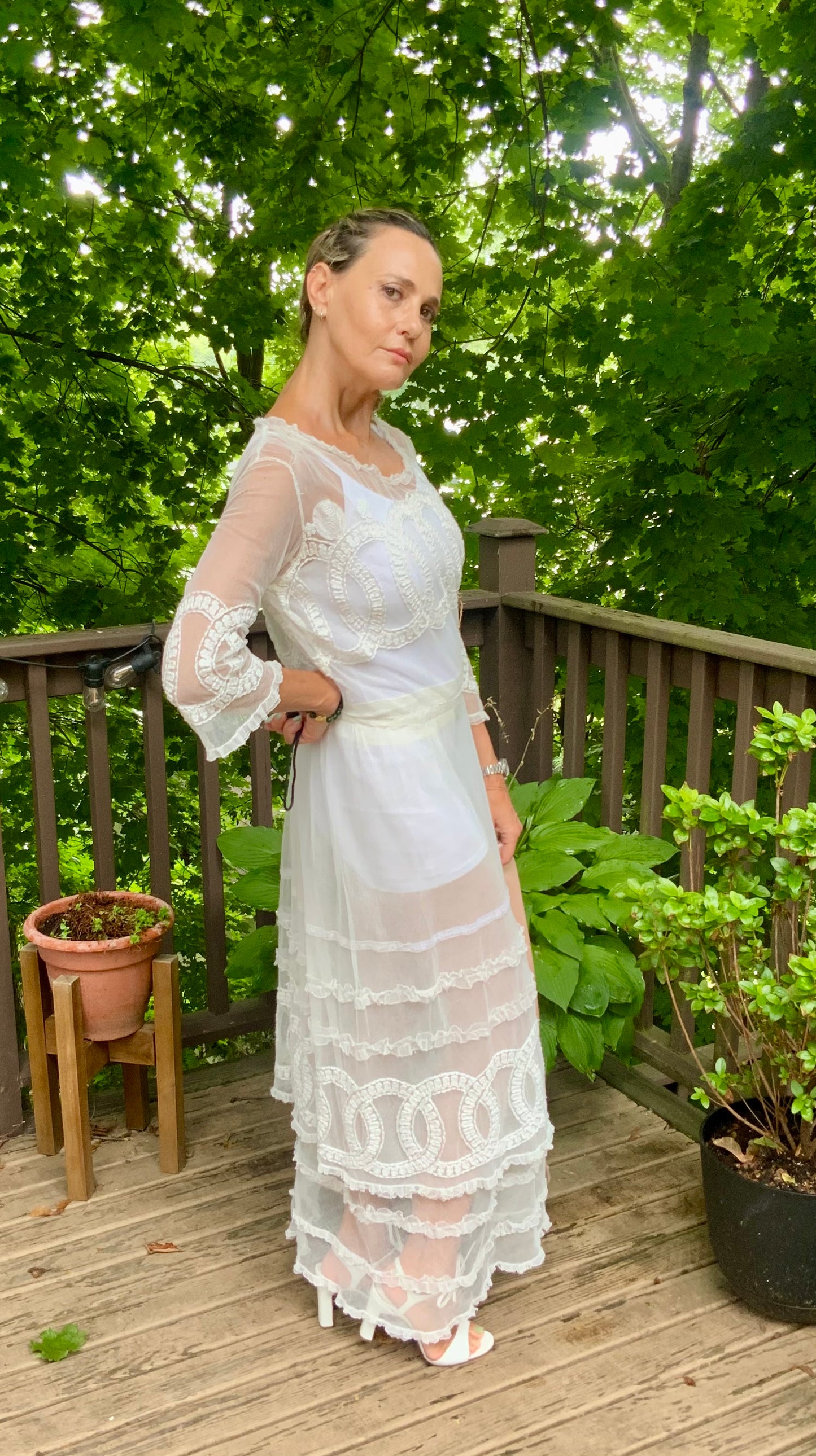 Edwardian Embroidered Tulle Tea Dress - 1910 - Bridal