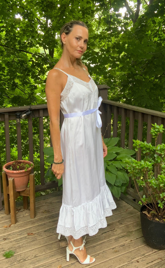 White Slip Dress - 70s L